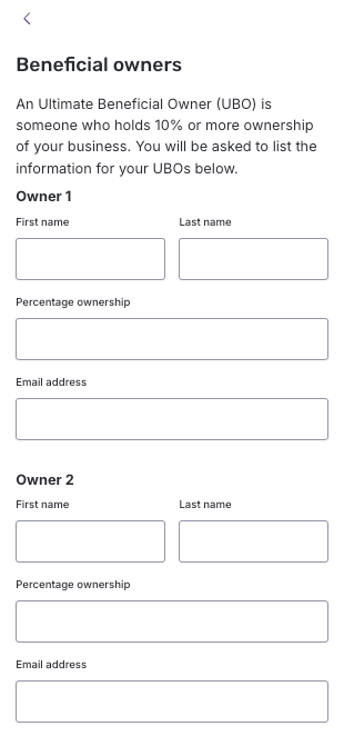 Screenshot of KYB verification Beneficial owners form showing Owner 1 and Owner 2 sections each with First name, Last name, Percentage ownership, and Email address fields