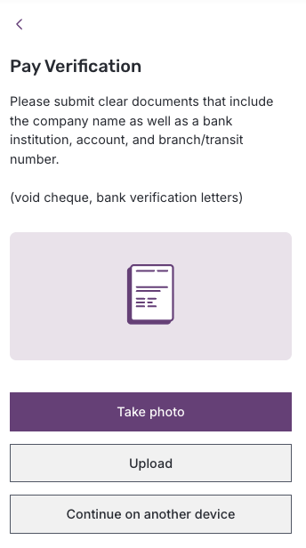 Screenshot of KYB verification Pay Verification form explaining bank document requirements with Take photo, Upload and Continue on another device options
