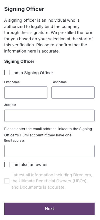Screenshot of KYB verification Signing Officer form showing I am a Signing Officer checkbox, First name, Last name, Job title, Email address fields, I am also an owner checkbox, and attestation checkbox