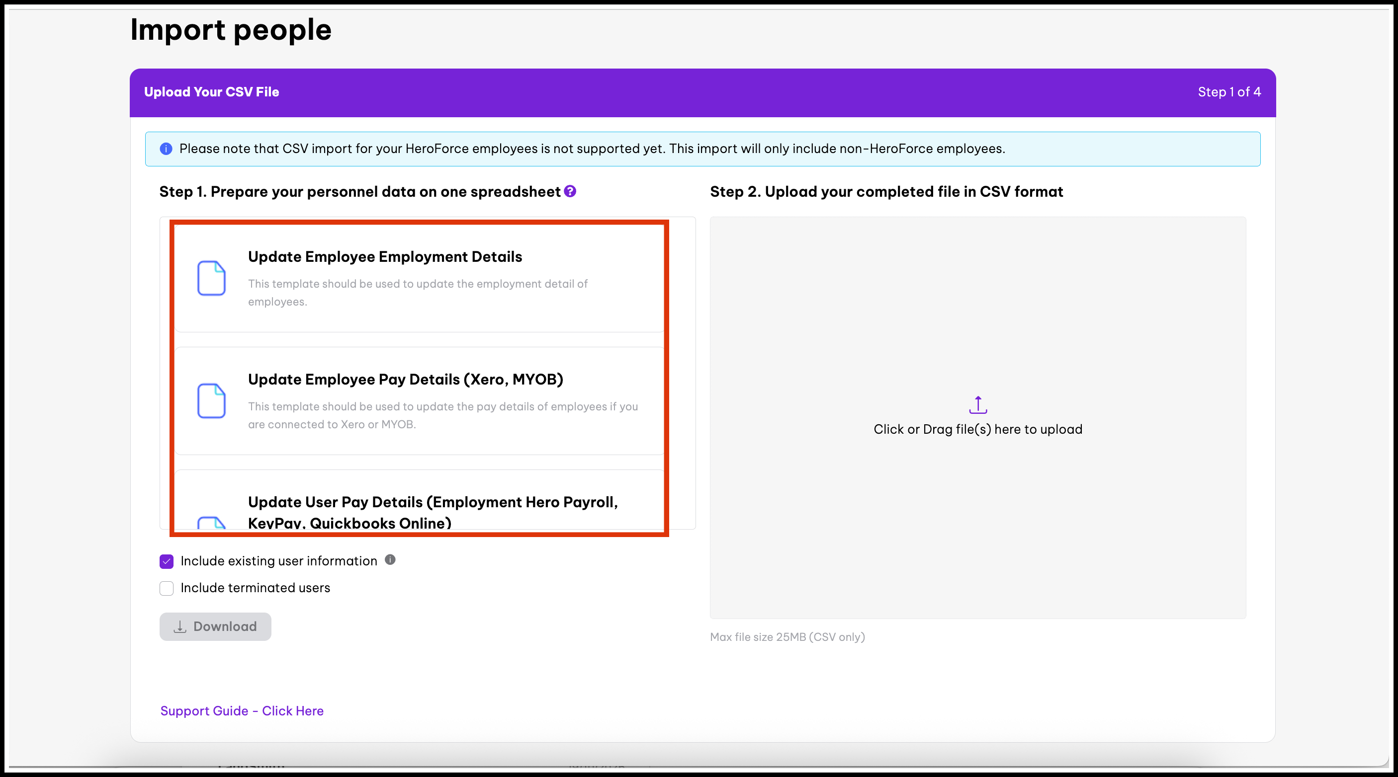 Import people page showing the CSV template options