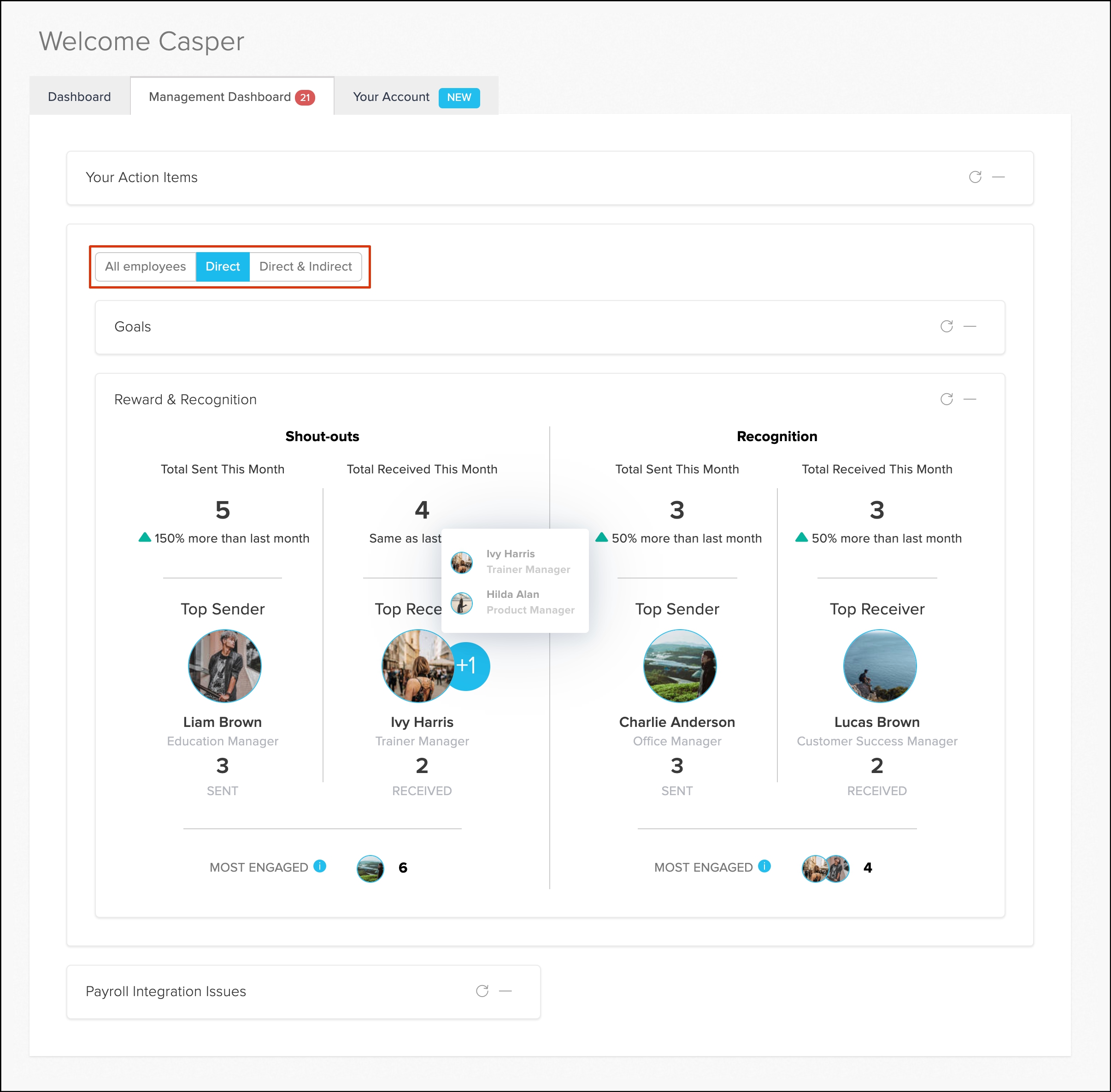 Screenshot of management dashboard and view of recent engagement with shout outs and recognition the employee filters are highlighted in red