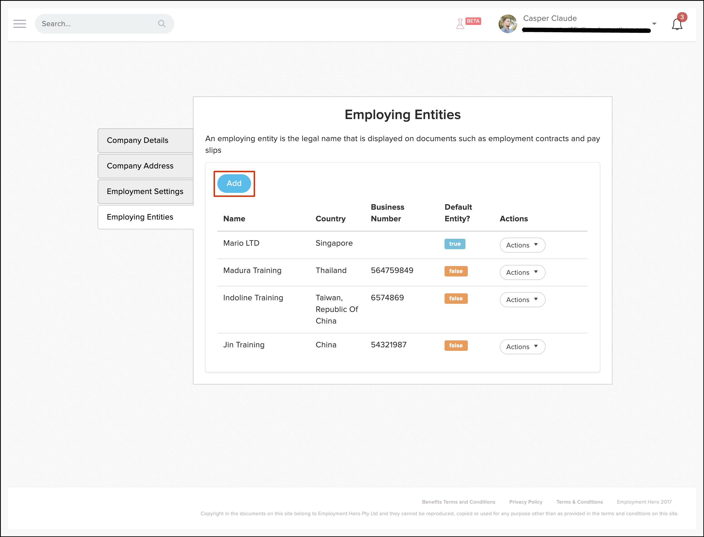 screenshot of the employing entities page. to the left of the screen you have the options company details, company address, employment settings, employing entities. employing entities is selected. on the screen reads employing entities. an employing entity is the legal name that is displayed on documents such as employment contracts and pay slips. below is an add button highlighted in red. below that is a table of company names vertically. horizontally they are sorted by name, country, business number, default entry status and action option.