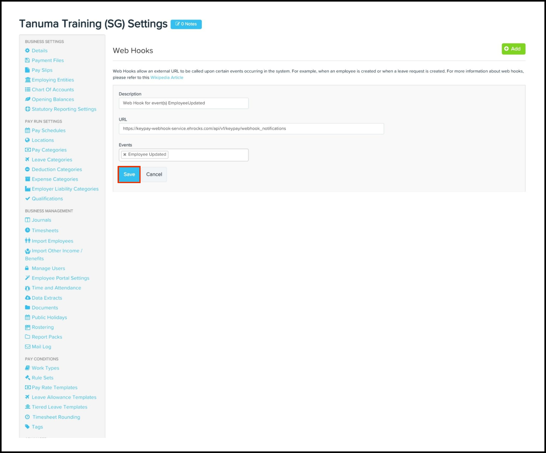 Setup, test and manage your organisations web hooks Payroll platform