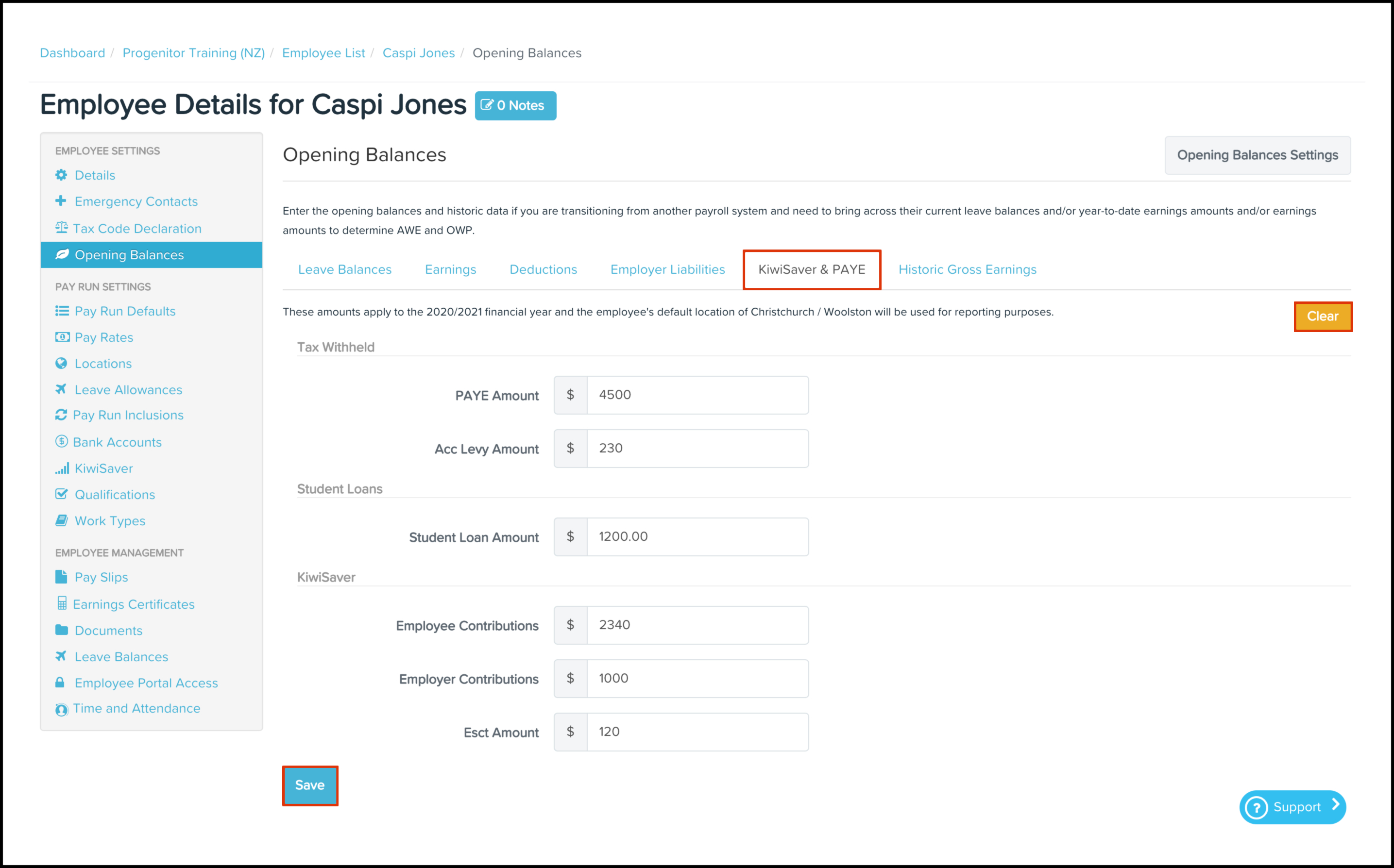 Employee KiwiSaver and PAYE opening balances Payroll Web Platform