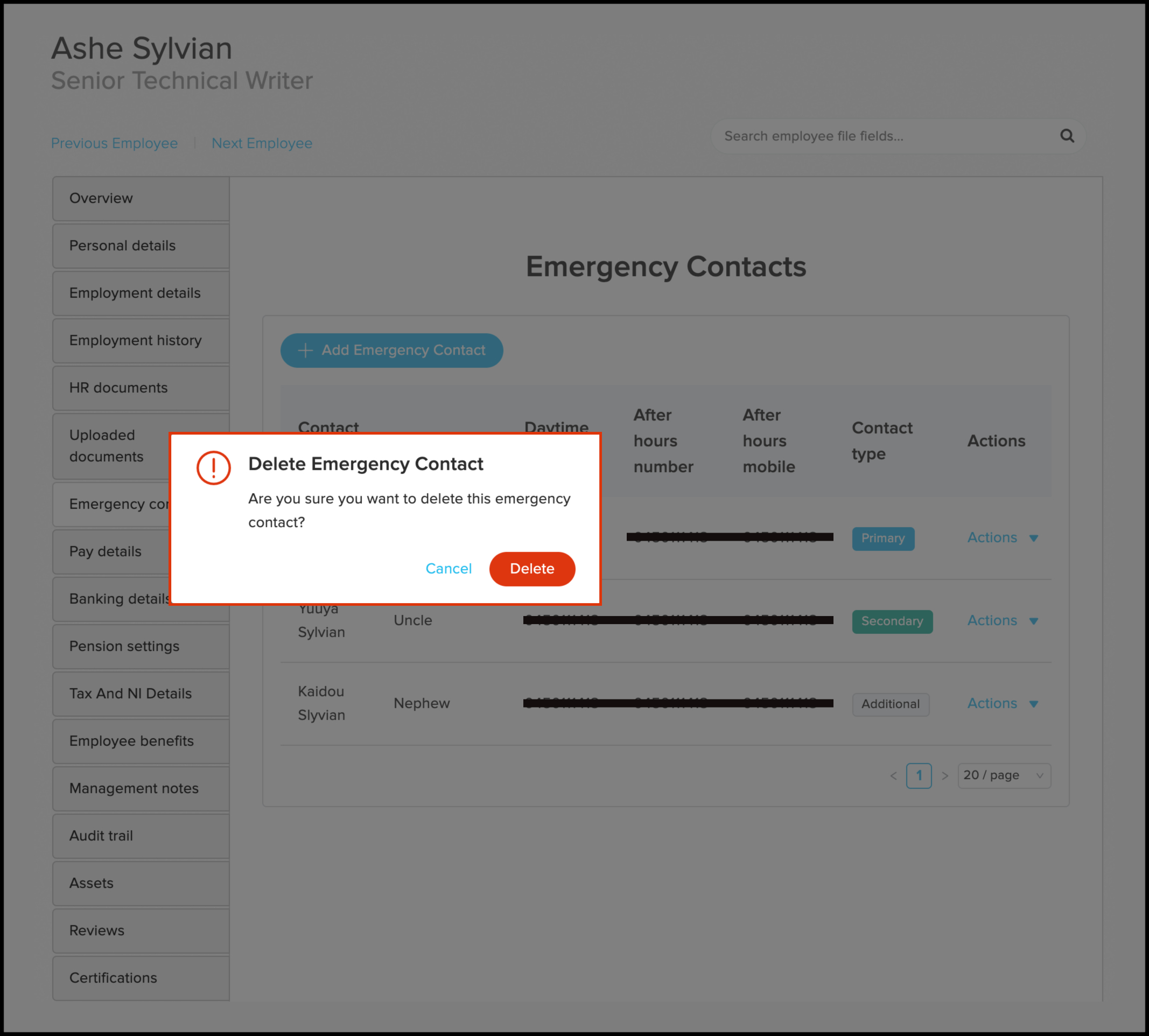 screenshot of the delete contact pop up. it asks are you sure you want to delete this emergency contact? cancel or delete?