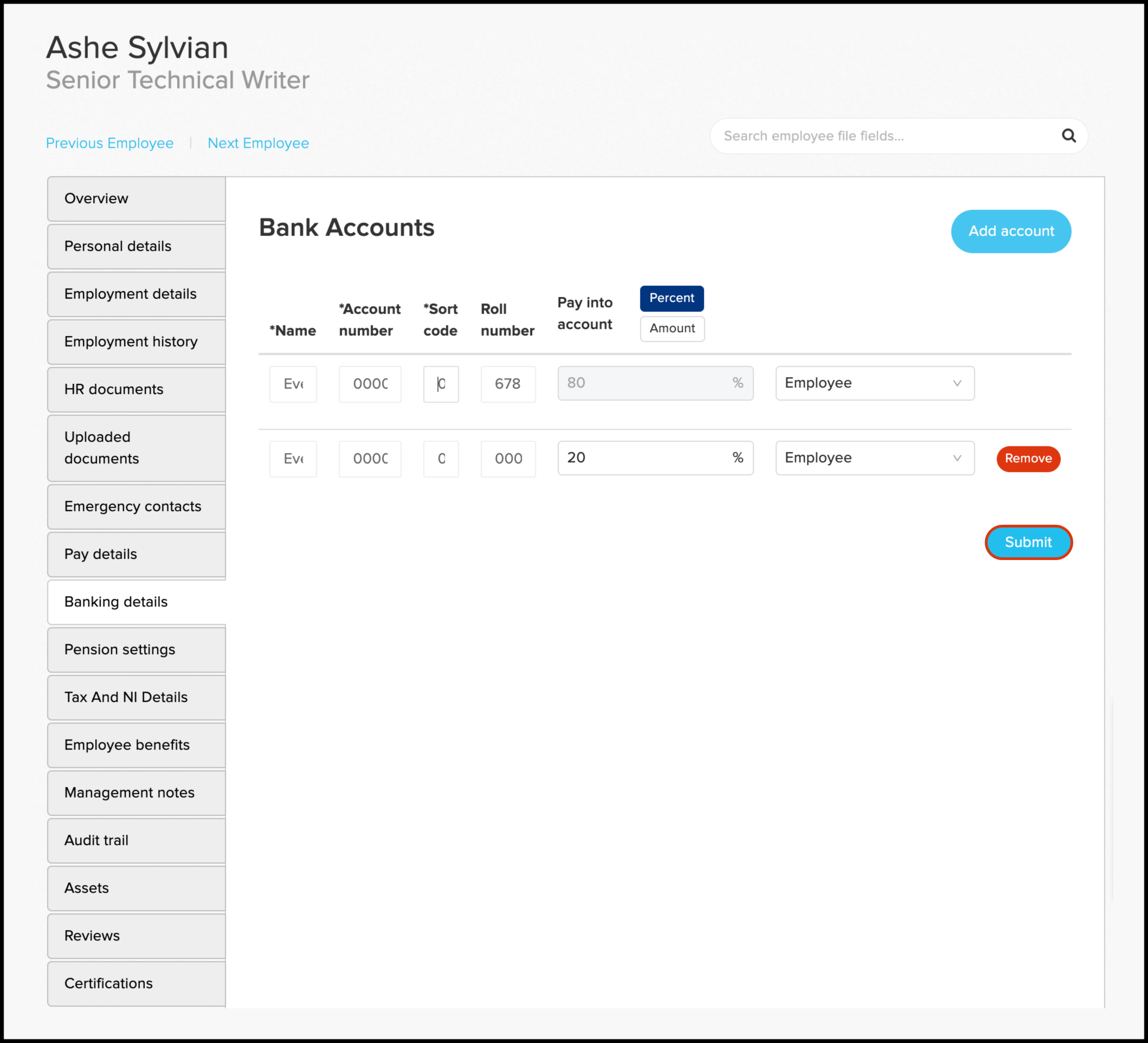 screenshot of banking details page for employee ashe sylvian in the main screen module it reads bank accounts, add account, the fields to enter the account options, a remove button next to any saved accounts and then a save button for any changes you may make.