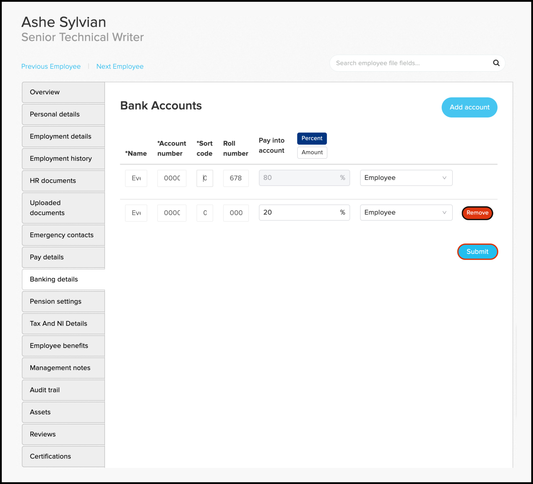 screenshot of banking details page for employee ashe sylvian in the main screen module it reads bank accounts, add account, the fields to enter the account options, a remove button next to any saved accounts and then a save button for any changes you may make. the remove and save buttons are highlighted in red