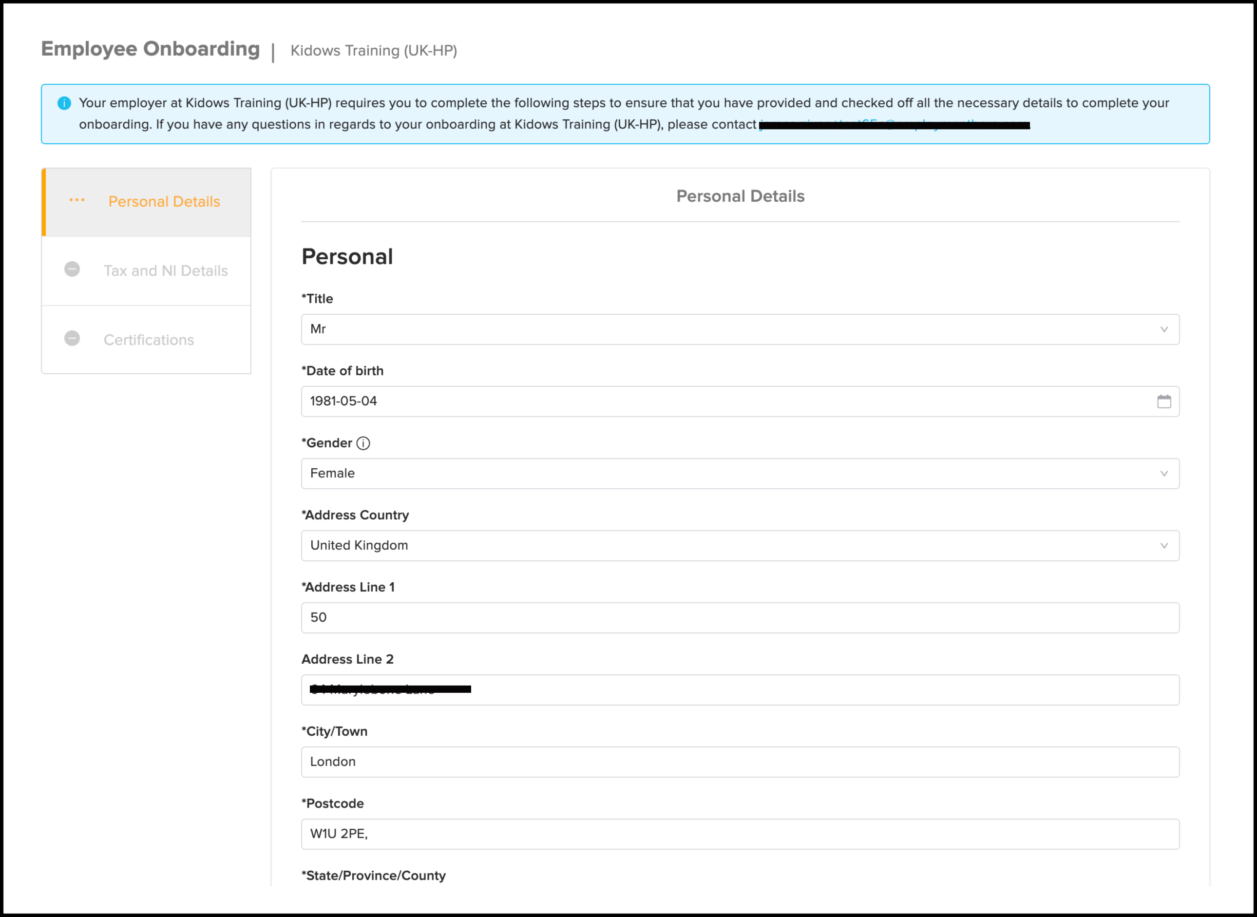 screenshot of the employee onboarding page and the personal detail fields