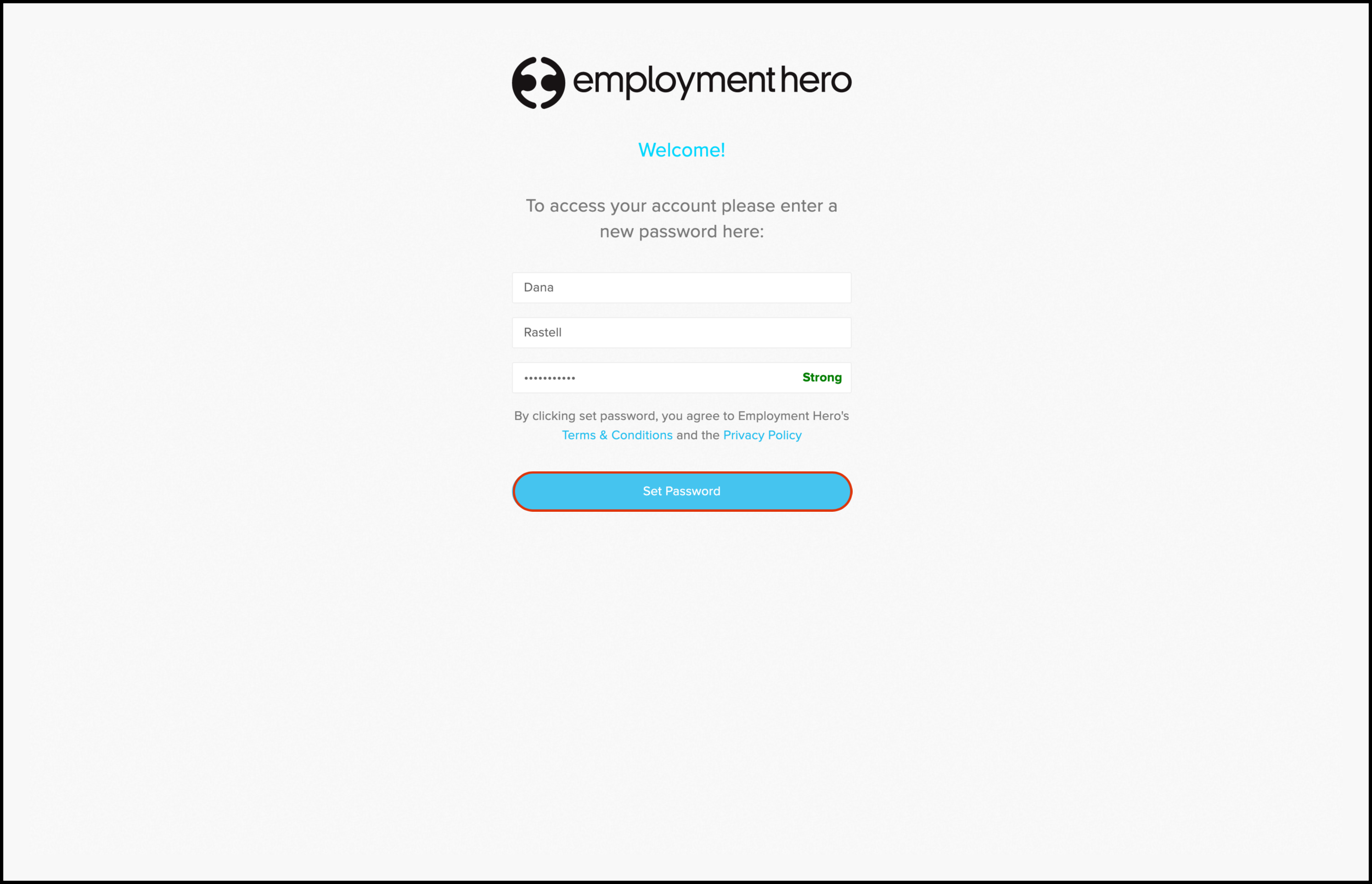 screenshot of where the link from that email takes you to and where you can set your password on the employment hero portal
