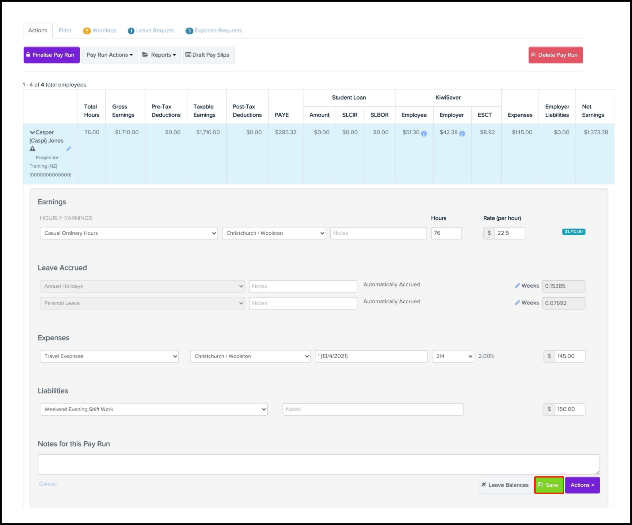 Showing the new Employer Liability line added and the Save button highlighted