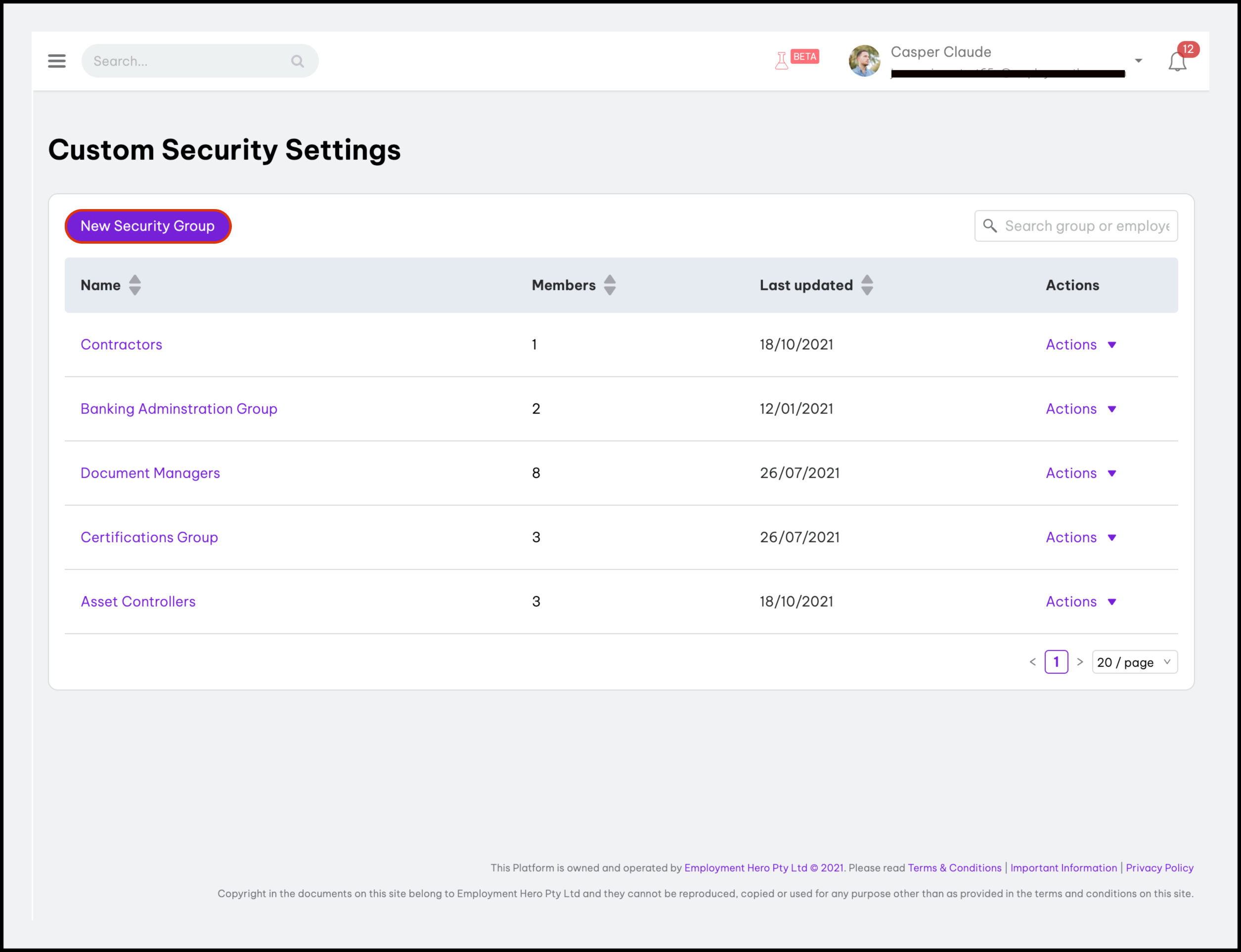 screenshot of the custom security settings page highlighting the new security group button