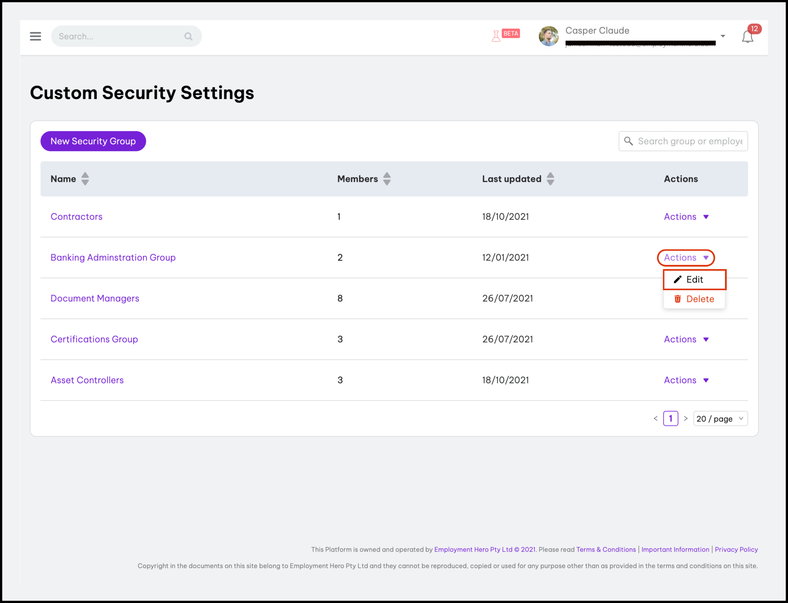 screenshot of the custom security settings page highlighting the actions dropdown and edit buttons
