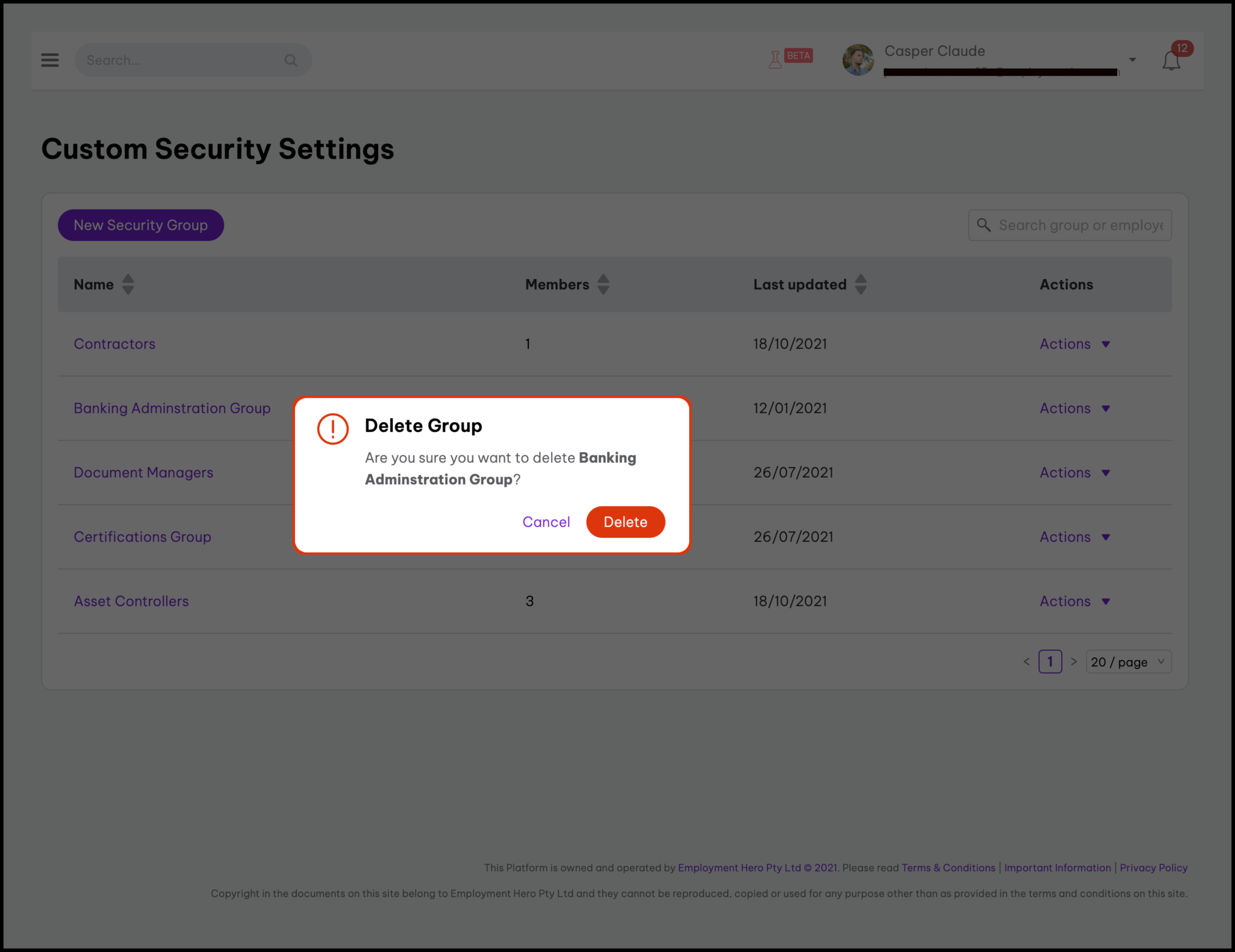 screenshot of the confirmation pop-up to delete the custom security group