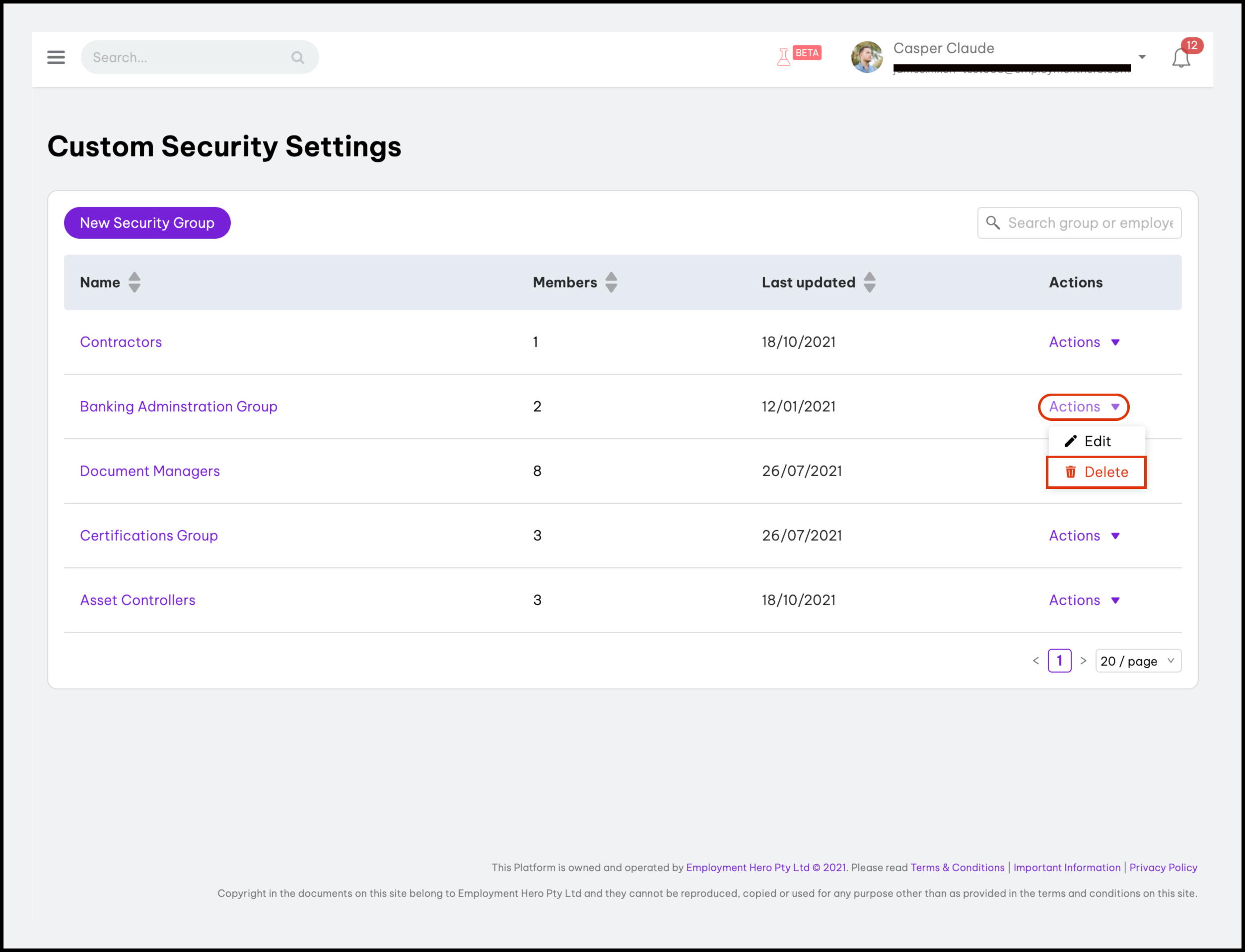 screenshot of the custom security settings page highlighting the actions dropdown and delete buttons