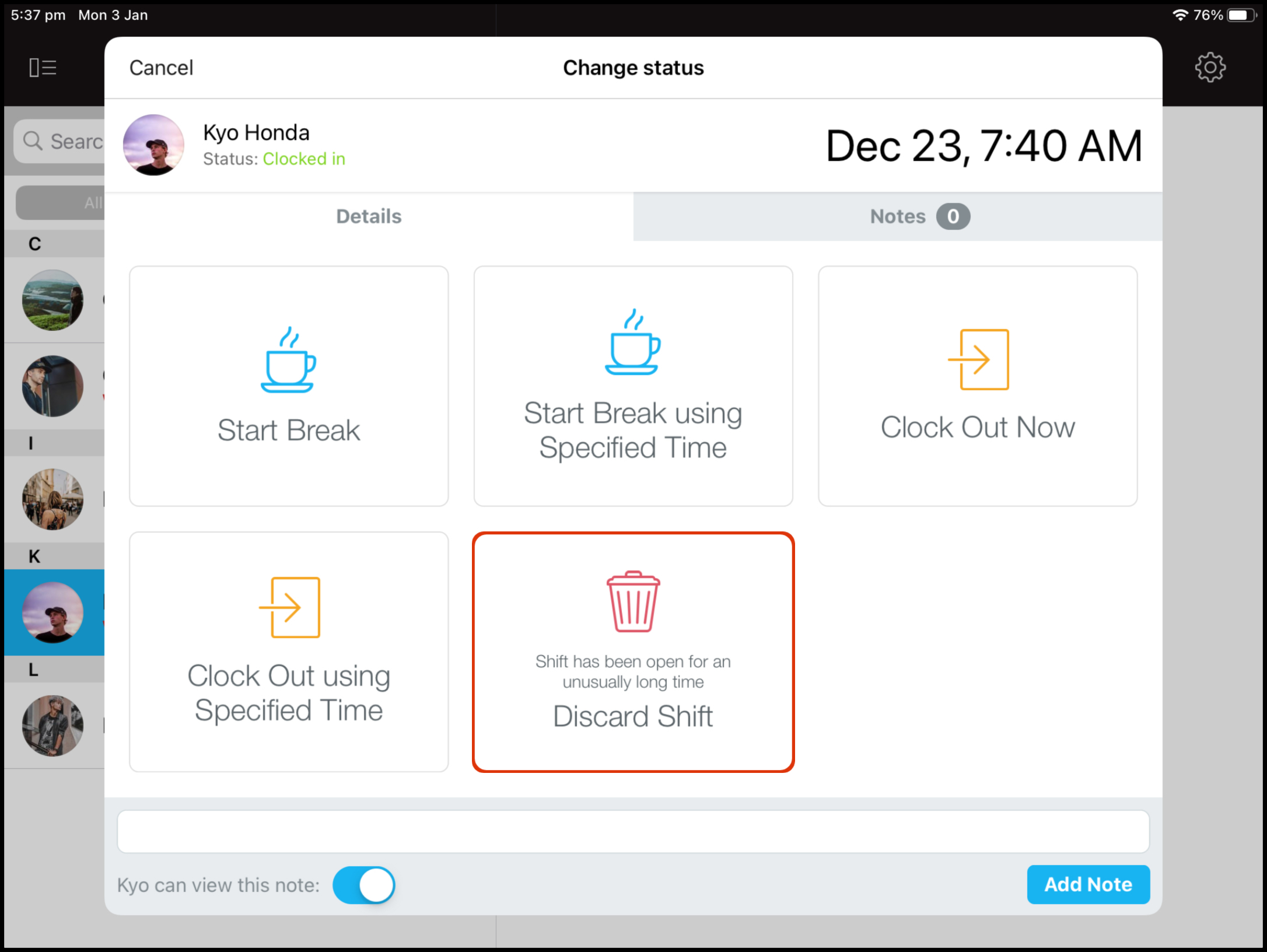 As an admin how do i discard an employee shift clock me in faq eh