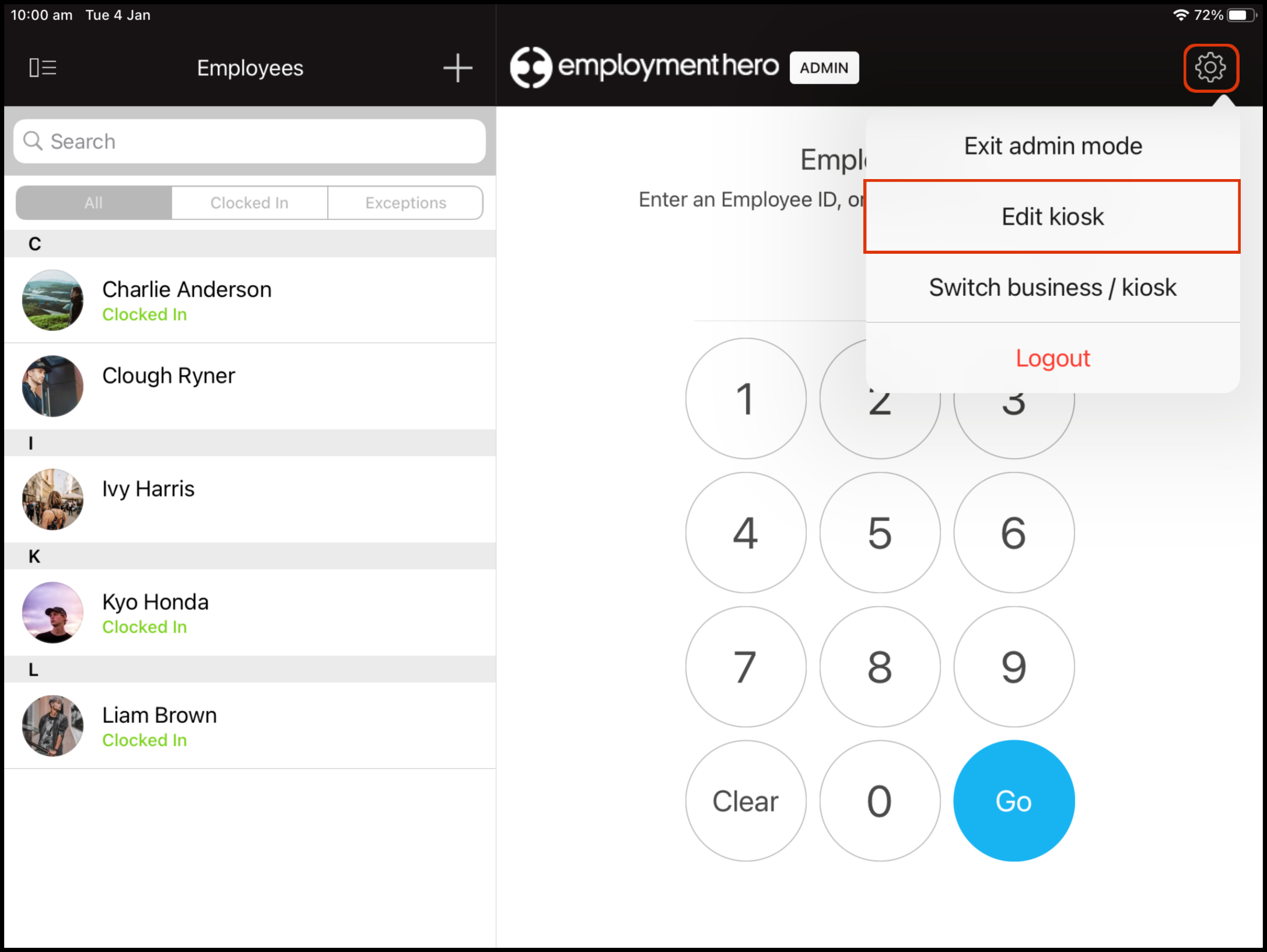Clock Me In Managing kiosks as an admin via the app Employment Hero Help Centre (AU)
