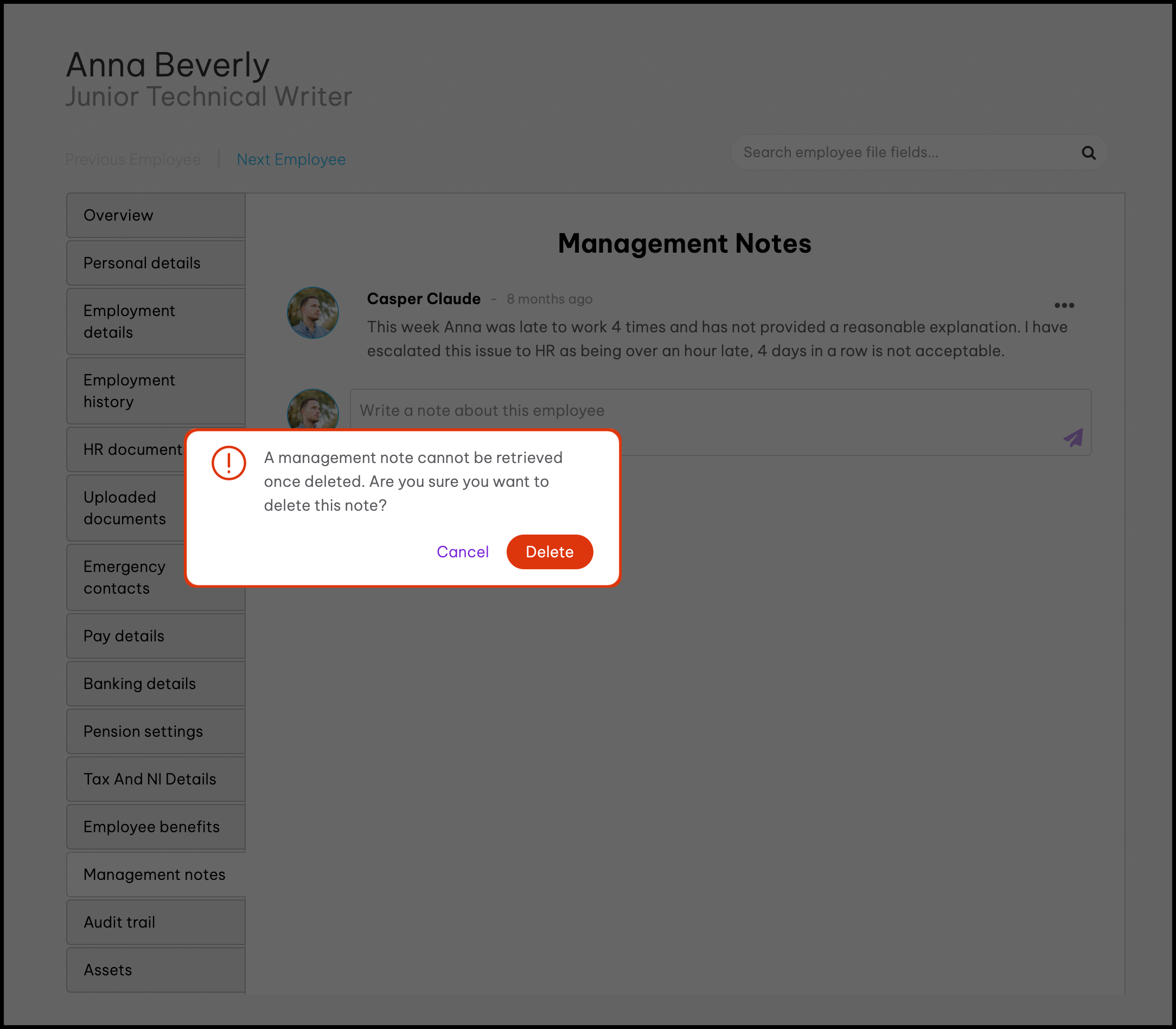 Screenshot shows popup that appears if you select to delete a management note that asks for your confirmation