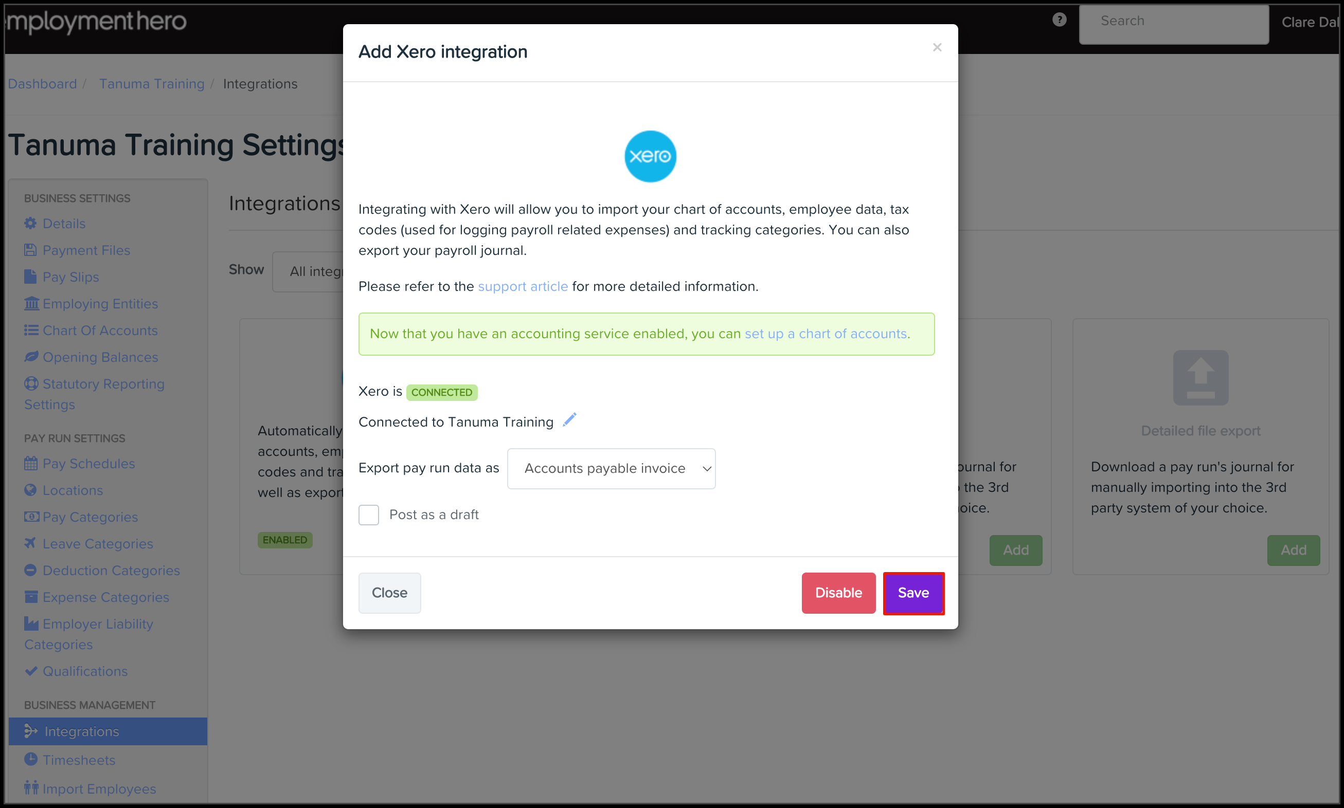Screenshot of the popup to add xero integration. it reads add xero integration. Integrating with xero will allow you to import your chart of accounts, employee data, tax codes (used for logging payroll related expenses) and tracking categories. You can also export your payroll journal. please refer to the support article for more detailed information. The popup then links to the relevant support article. below once you have confirmed the company and export pay run data, it shows you are connected.