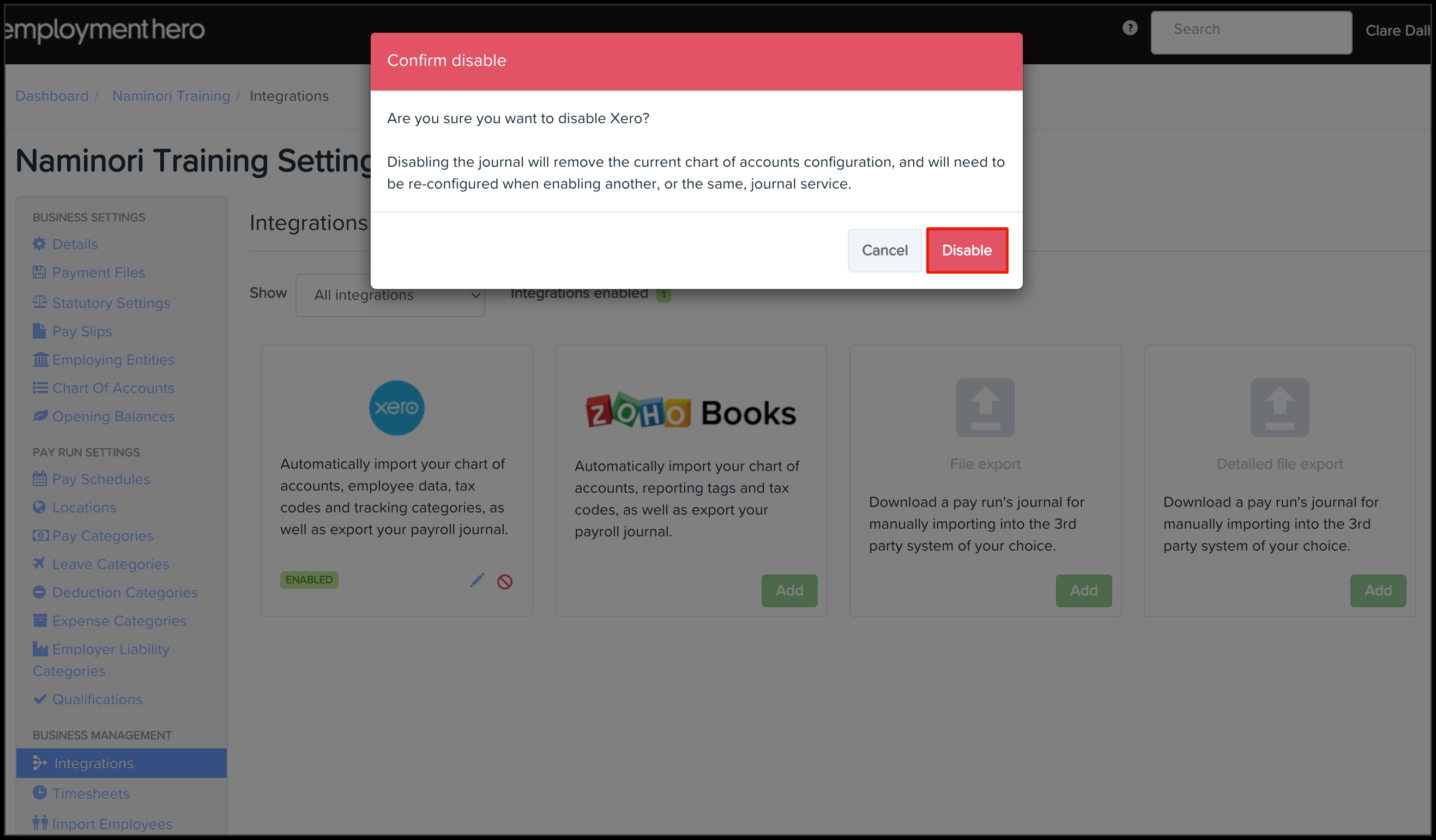 Screenshot of popup to confirm you wish to disable the xero integration. There is a button to disable or the option to cancel