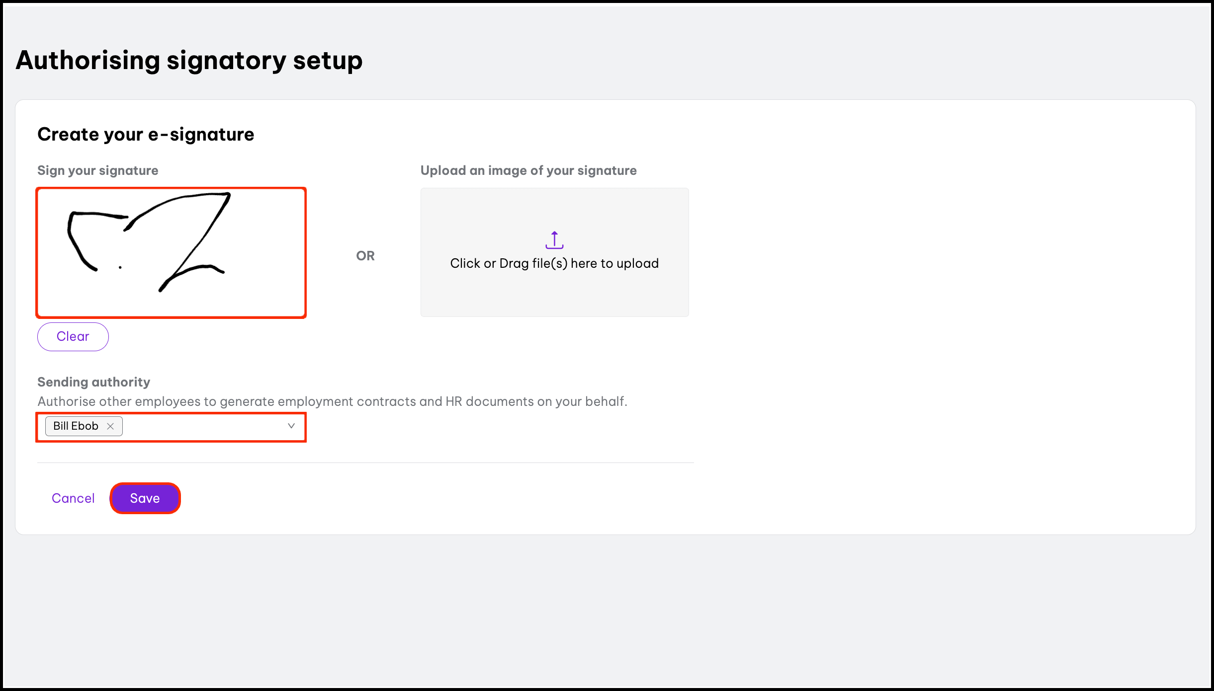 2. Screenshot of authorising signatory setup. There is a box for creating your e-signature or options to upload a file, choose the sending authority, cancel or save.