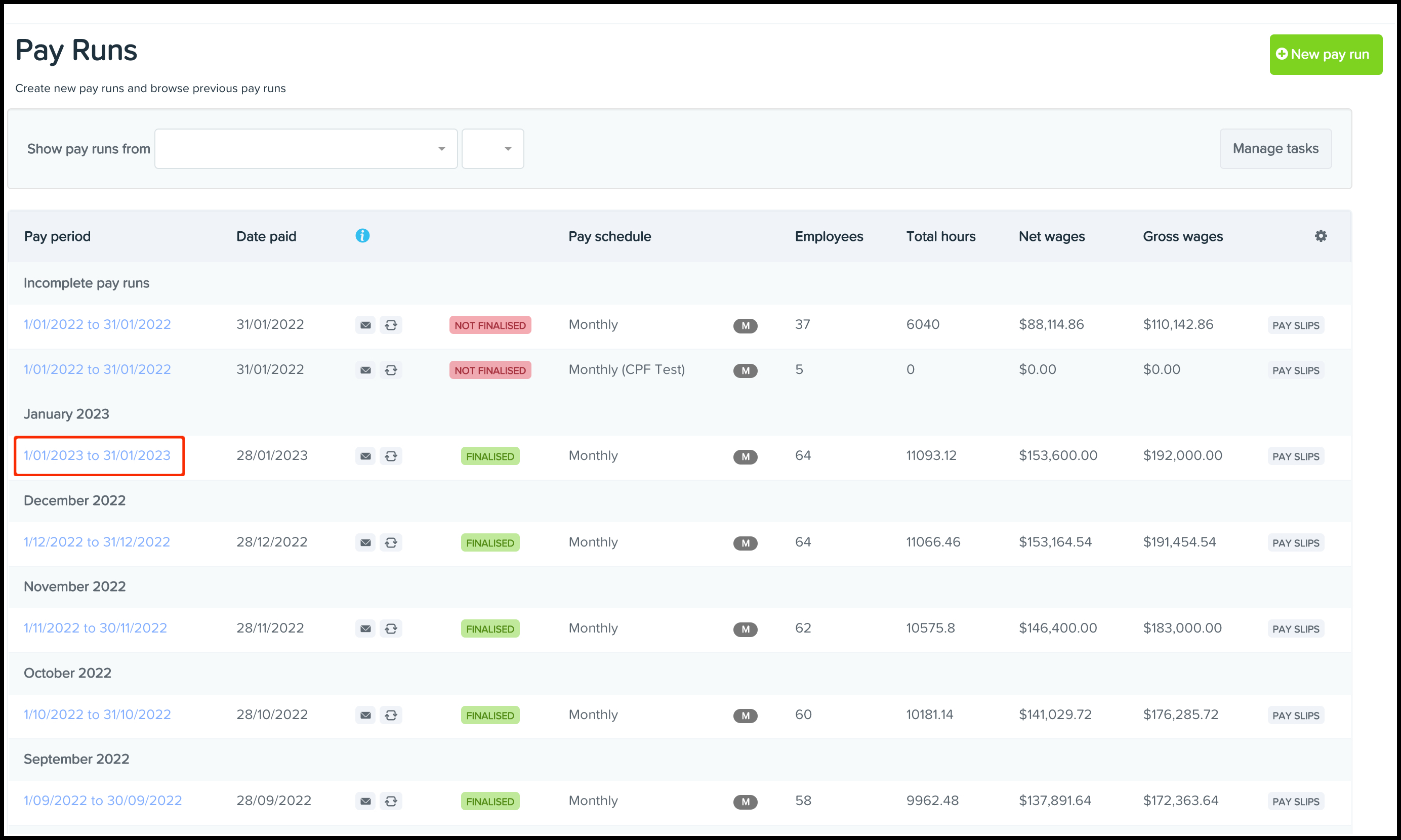Screenshot of pay runs with the date range on the left hand side vertical column. the first pay run on the page is highlighted