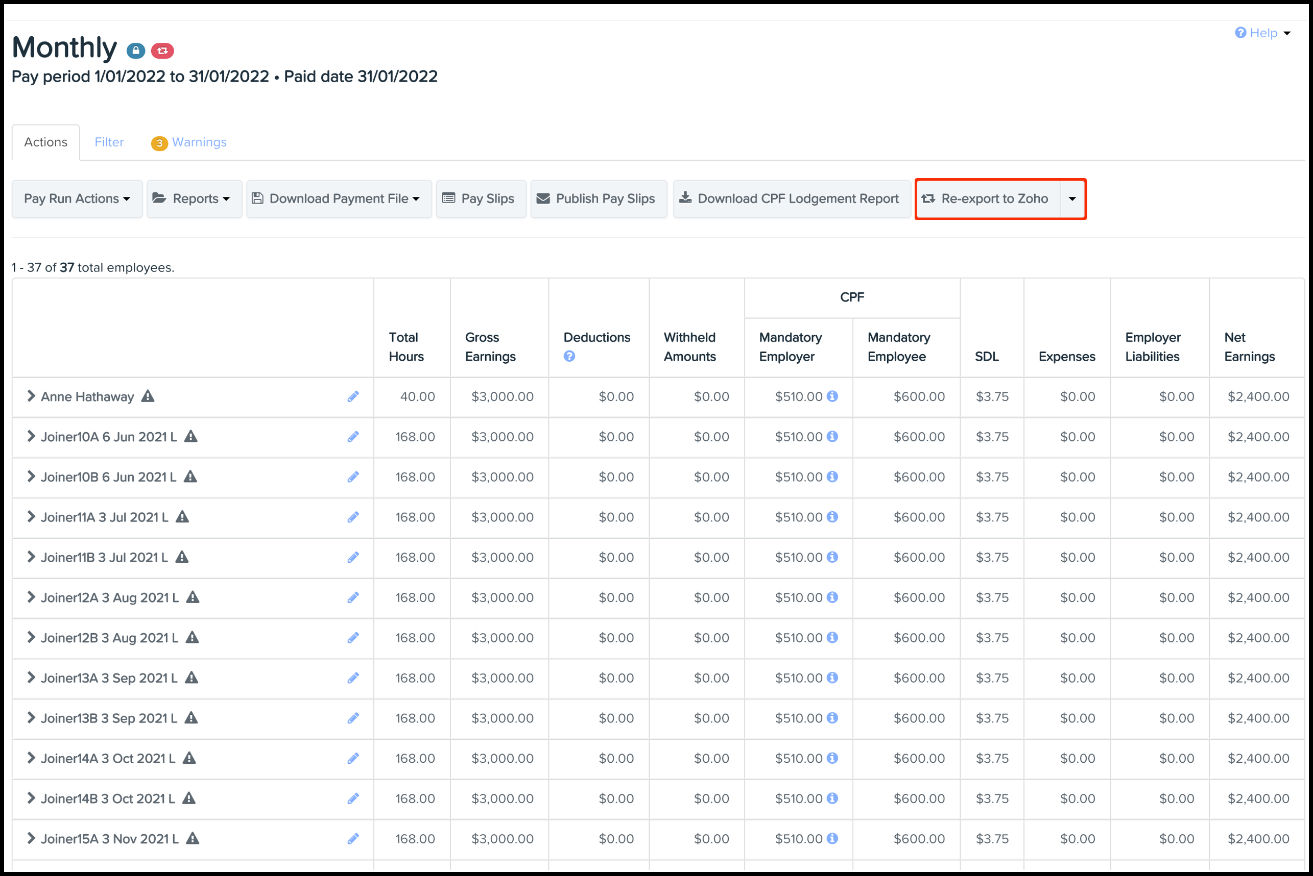 Screenshot of the details of a pay run with names and earning detailed. along the top is a menu bar with the option to re-export to zoho highlighted in red