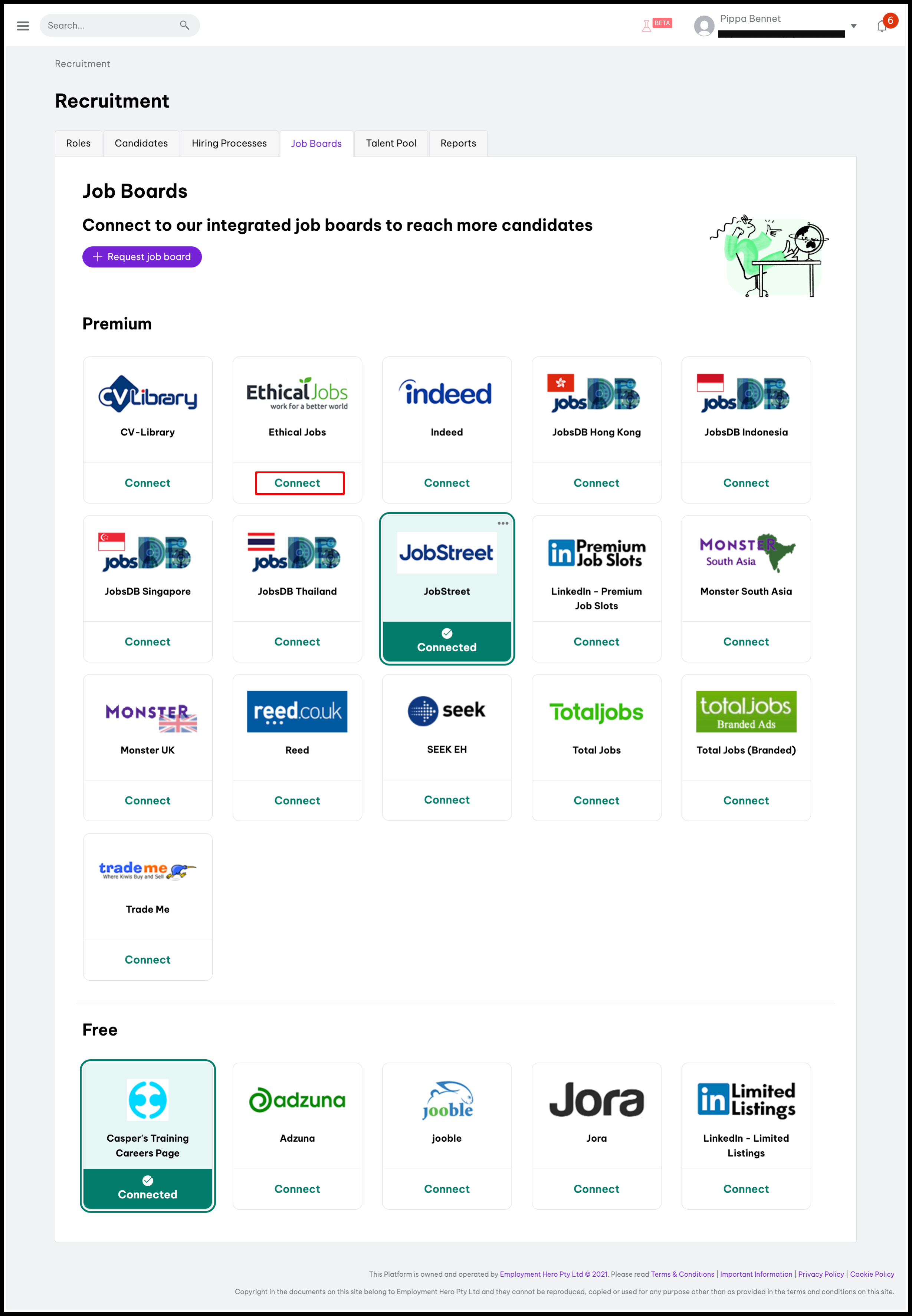 screenshot of all available job boards arranged on screen as tiles with premium ones at the top and free ones at the bottom. at the top there is a button saying requesst new board and under the logo for each job board the word connect or connected is written.