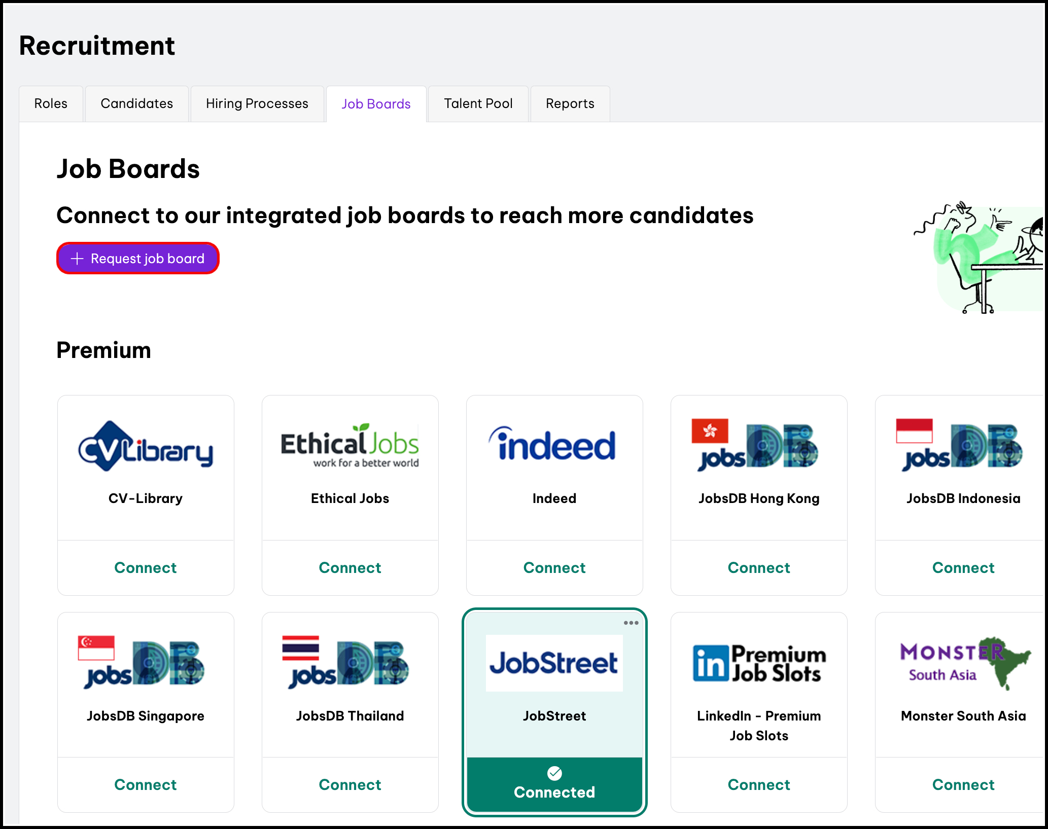 screenshot of all available job boards arranged on screen as tiles with premium ones at the top and free ones at the bottom. at the top there is a button saying requesst new board