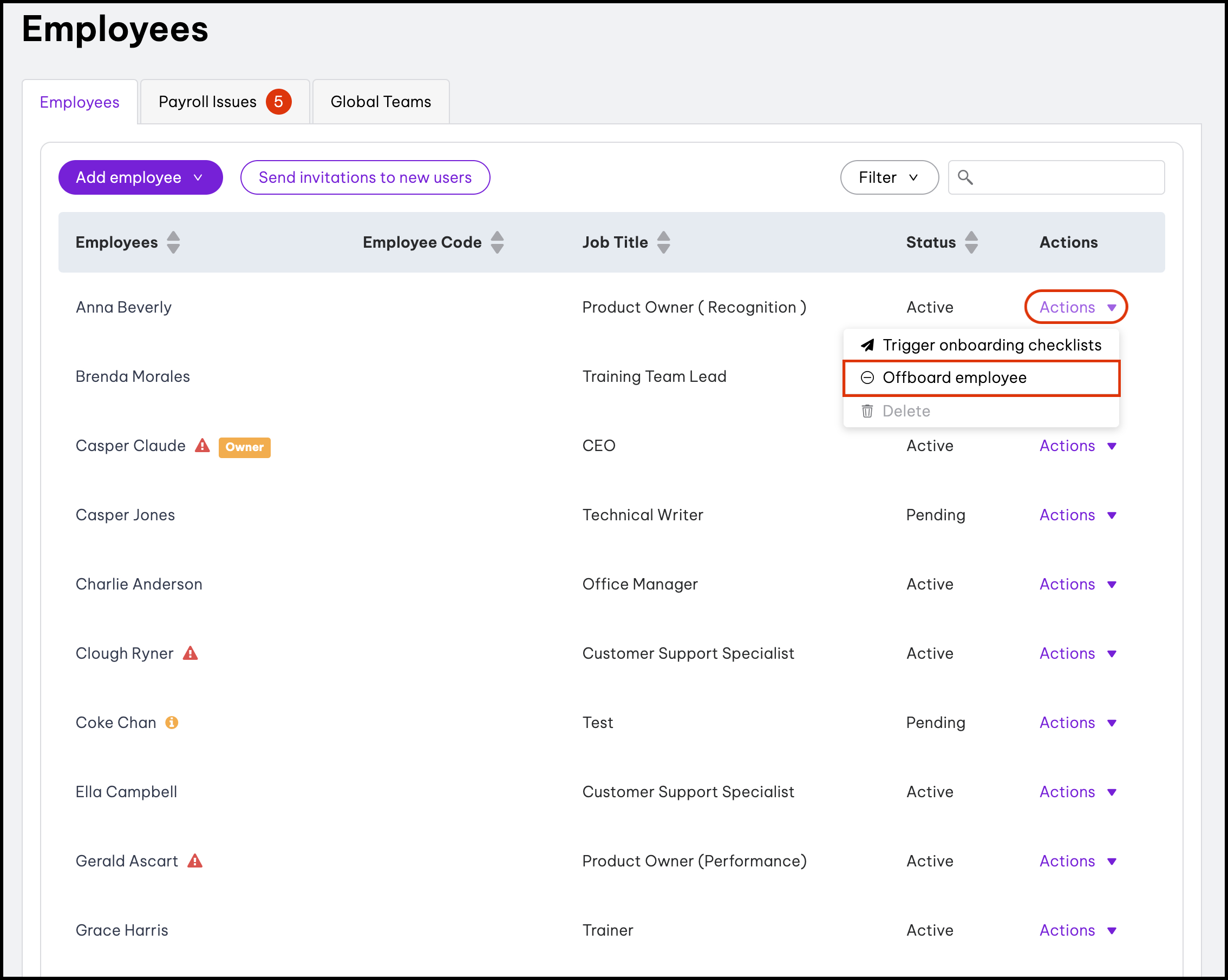 screenshot of the employees page, with a highlight on the actions dropdown and offboard employee buttons