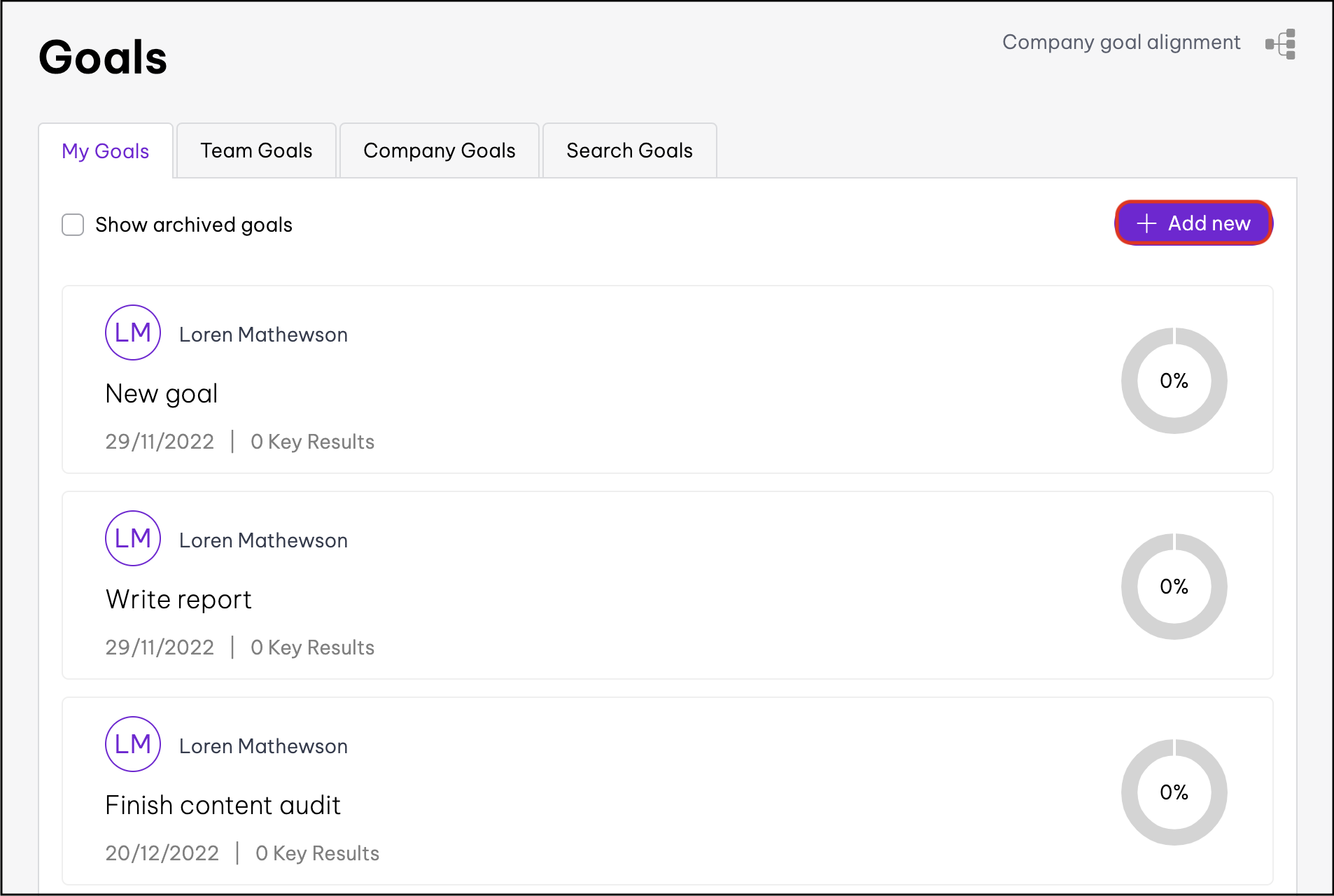 Screenshot of where to click the add new button to add a new goal or okr