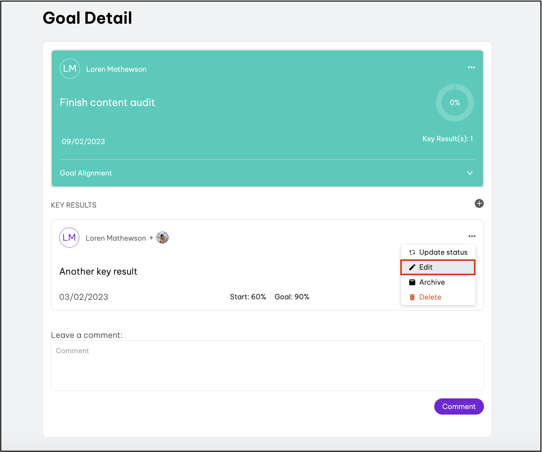 Screenshot of how to edit a key result in the goal or OKR