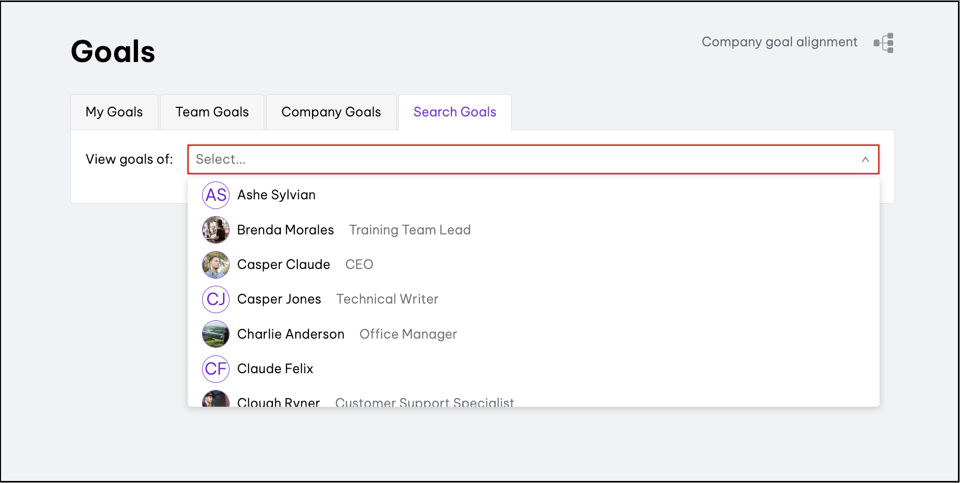 Screenshot of how to search goals to view all staff and team goals