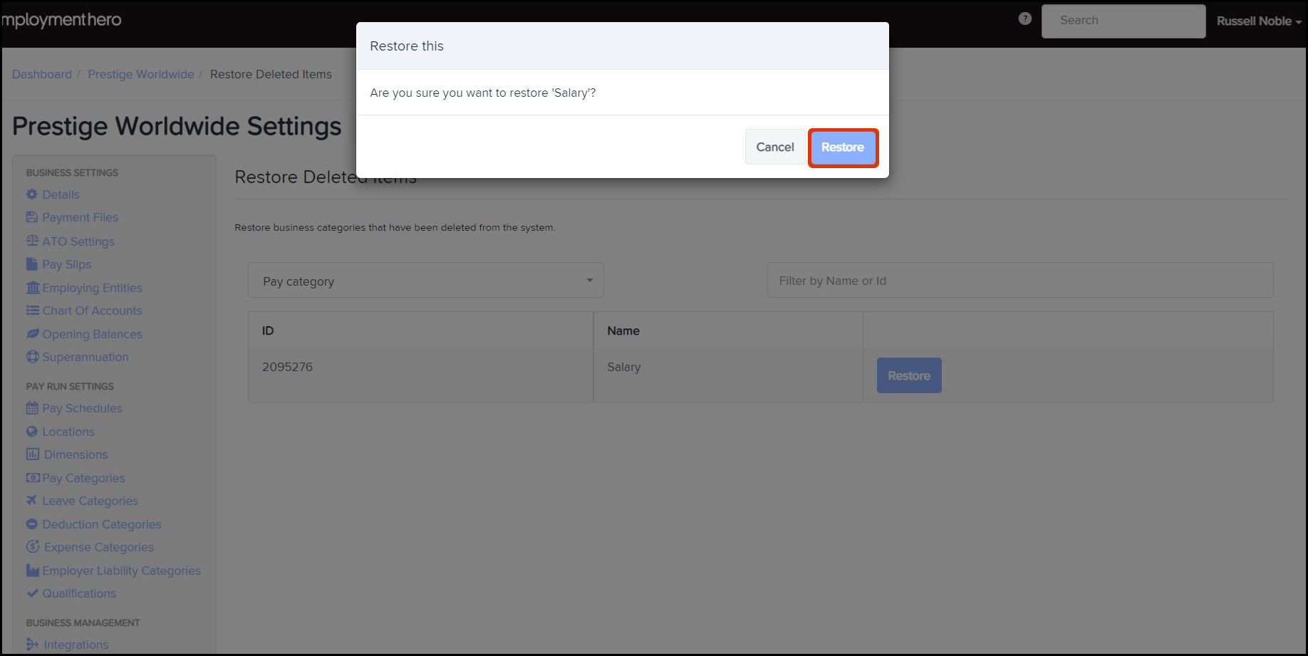 Screenshot of where to confirm restoration of a deleted pay rate template