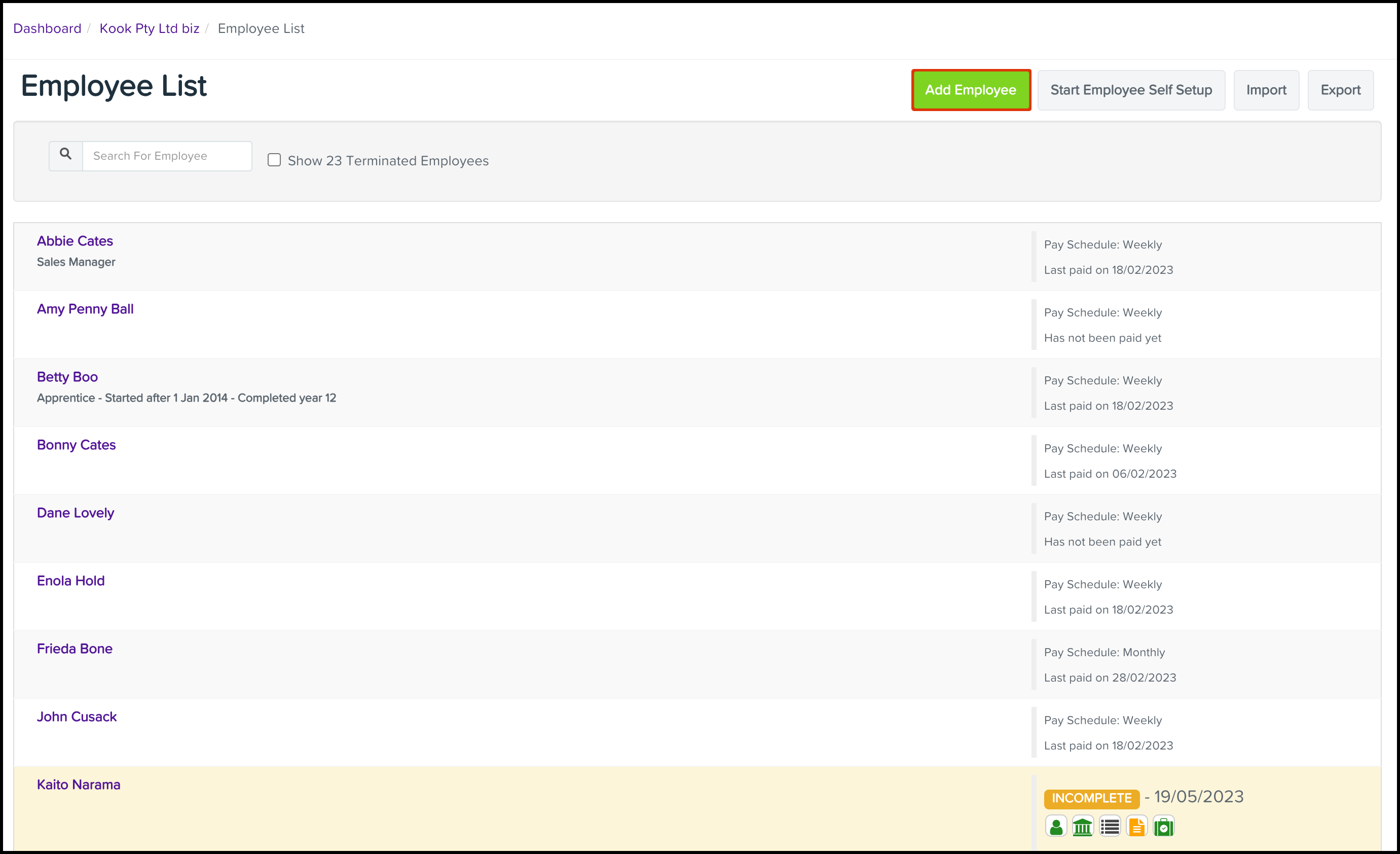 How do I start the employee self setup process Payroll Getting