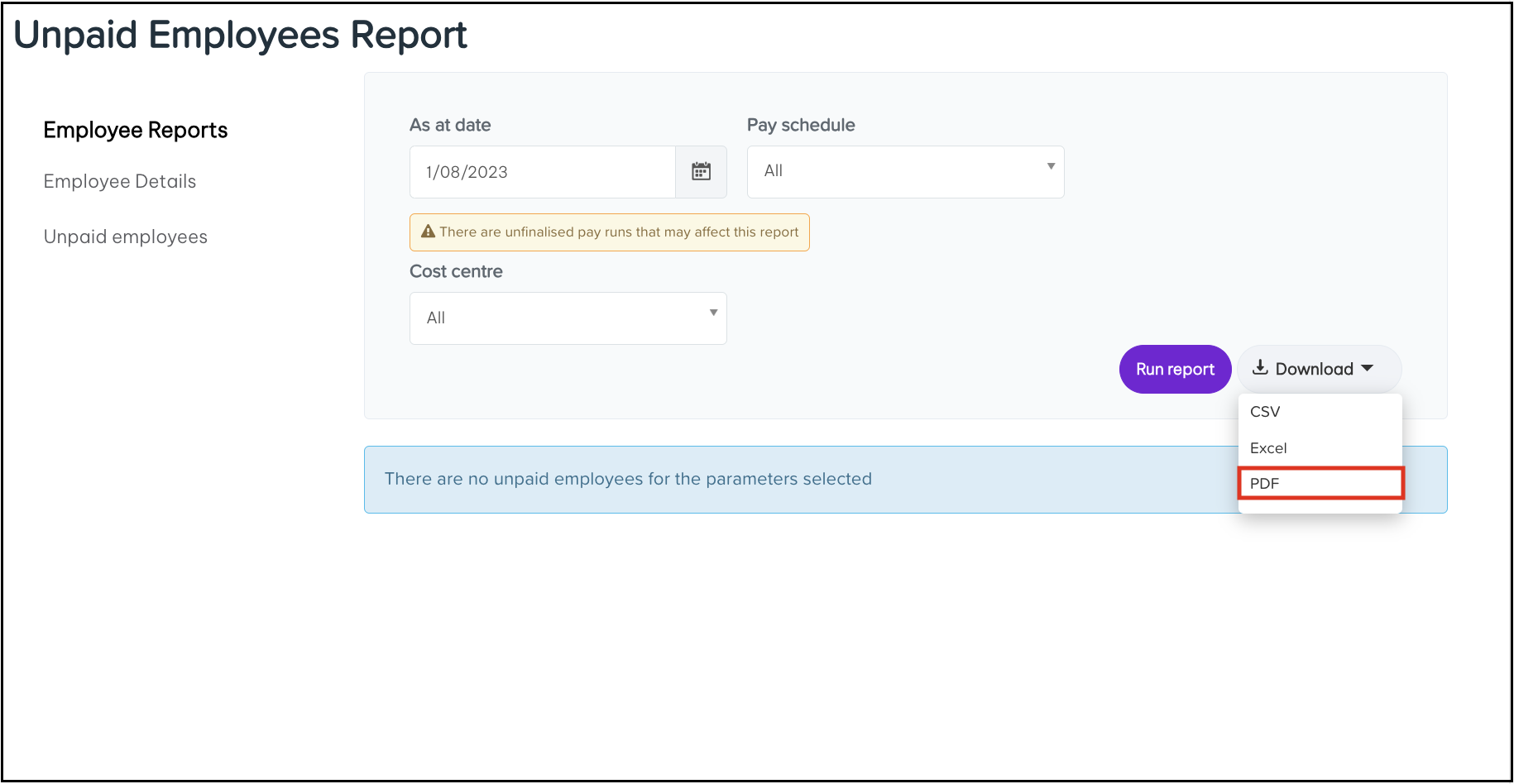 Screenshot of where to tap the excel button to download the unpaid employees report to a PDF file