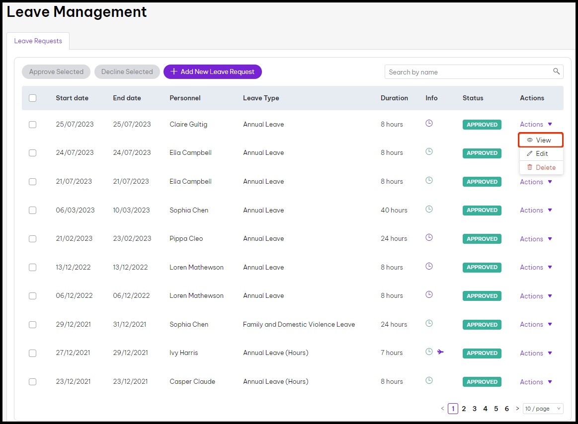 screenshot of the leave management screen, with a highlight on the view button for an employee's leave