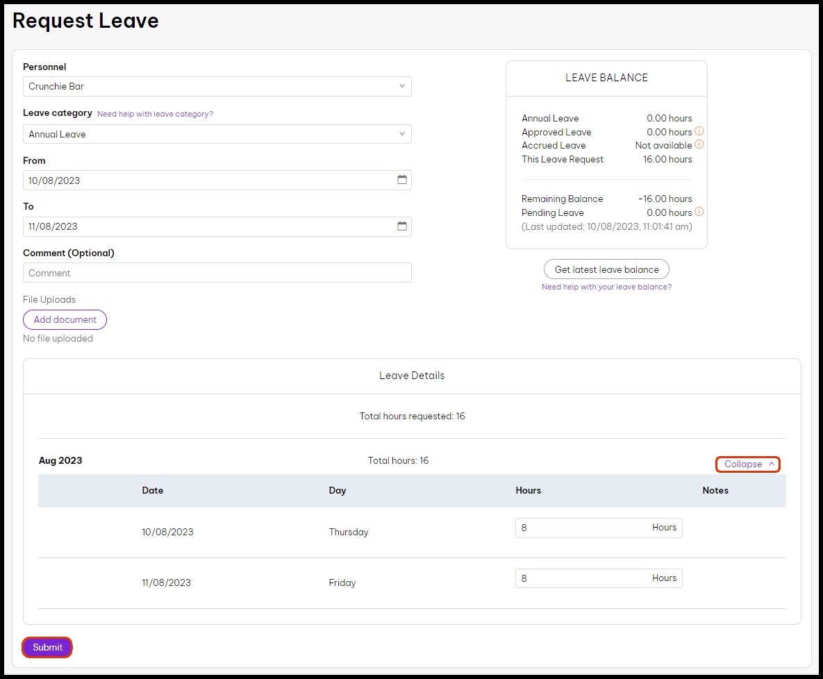 screenshot of the request leave screen, highlighting the submit button