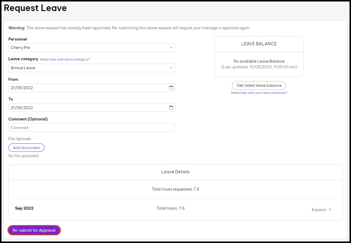 screenshot of the request leave screen, highlighting the resubmit for approval button