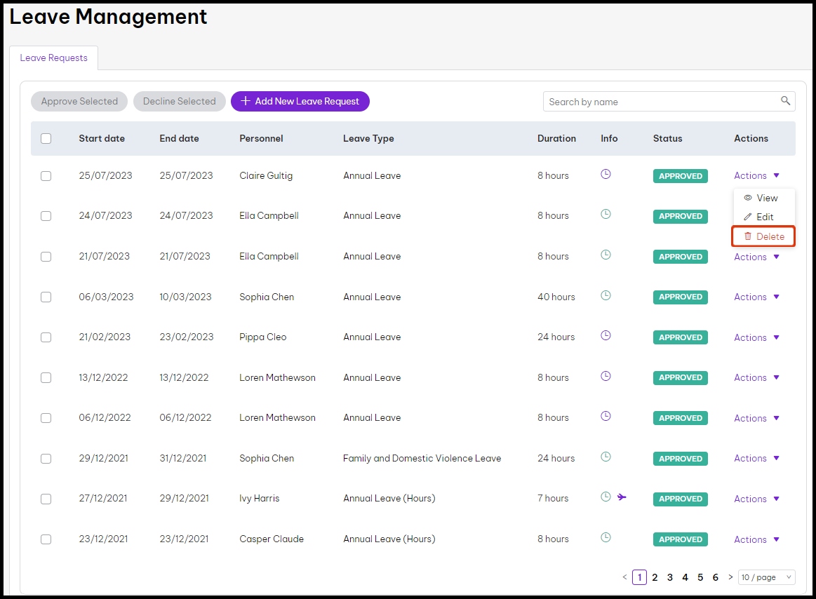 screenshot of the leave management screen, with a highlight on the delete button for an employee's leave