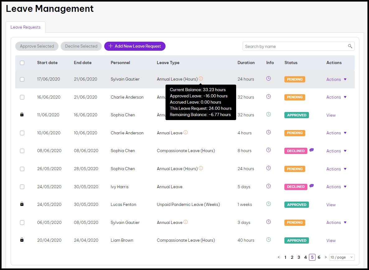 screenshot of the leave management screen, showing the employee's leave balance when you hover above the I icon