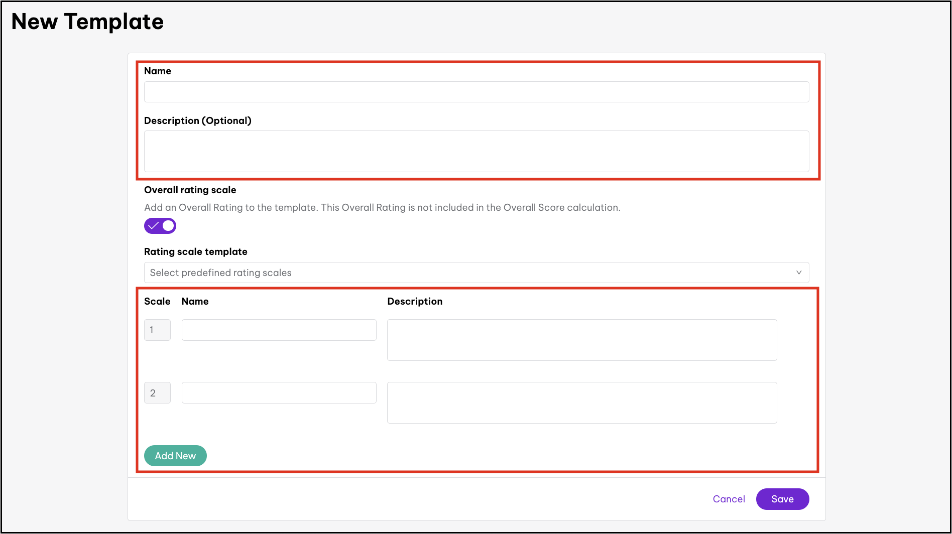 Screenshot of where add new questions into a new review template