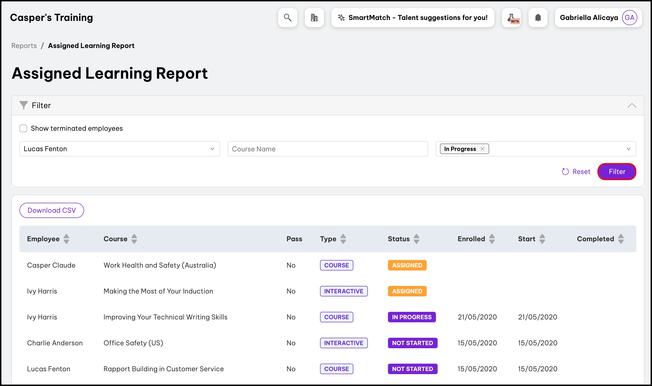 screenshot of the assigned learning report page, with a highlight on the filter button
