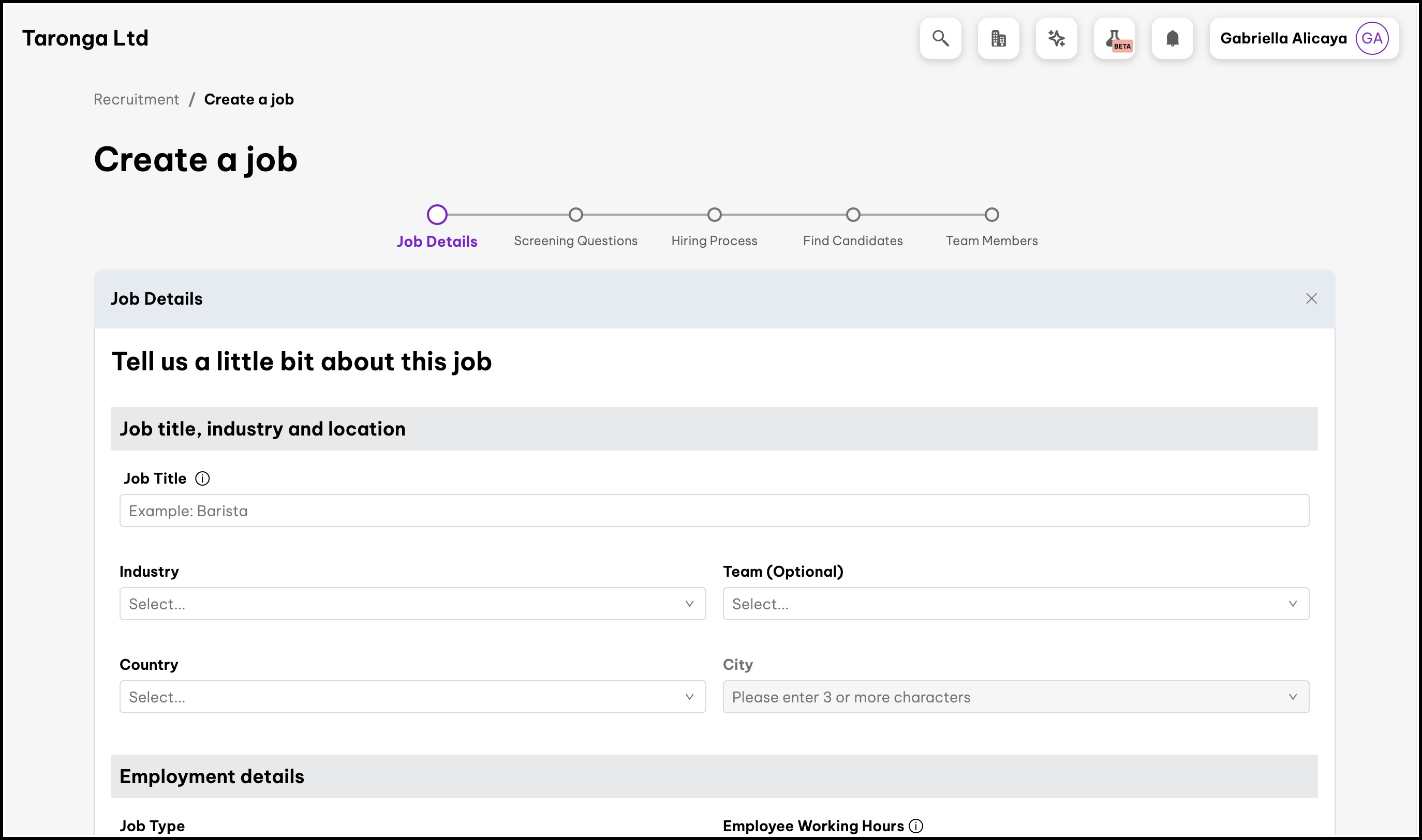 screenshot of the job creation screen