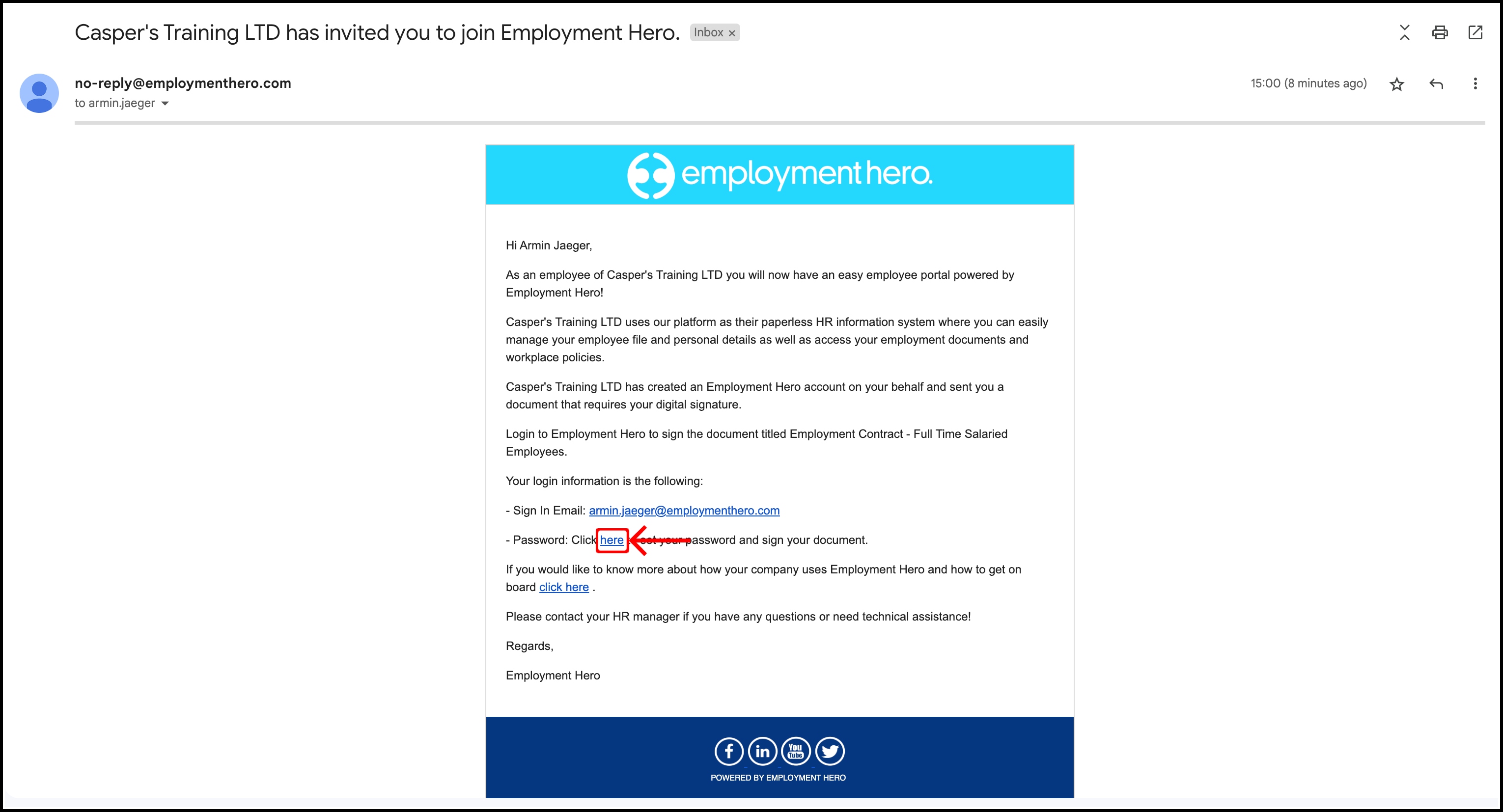 screenshot of the email invite containing the link to set your employment hero password