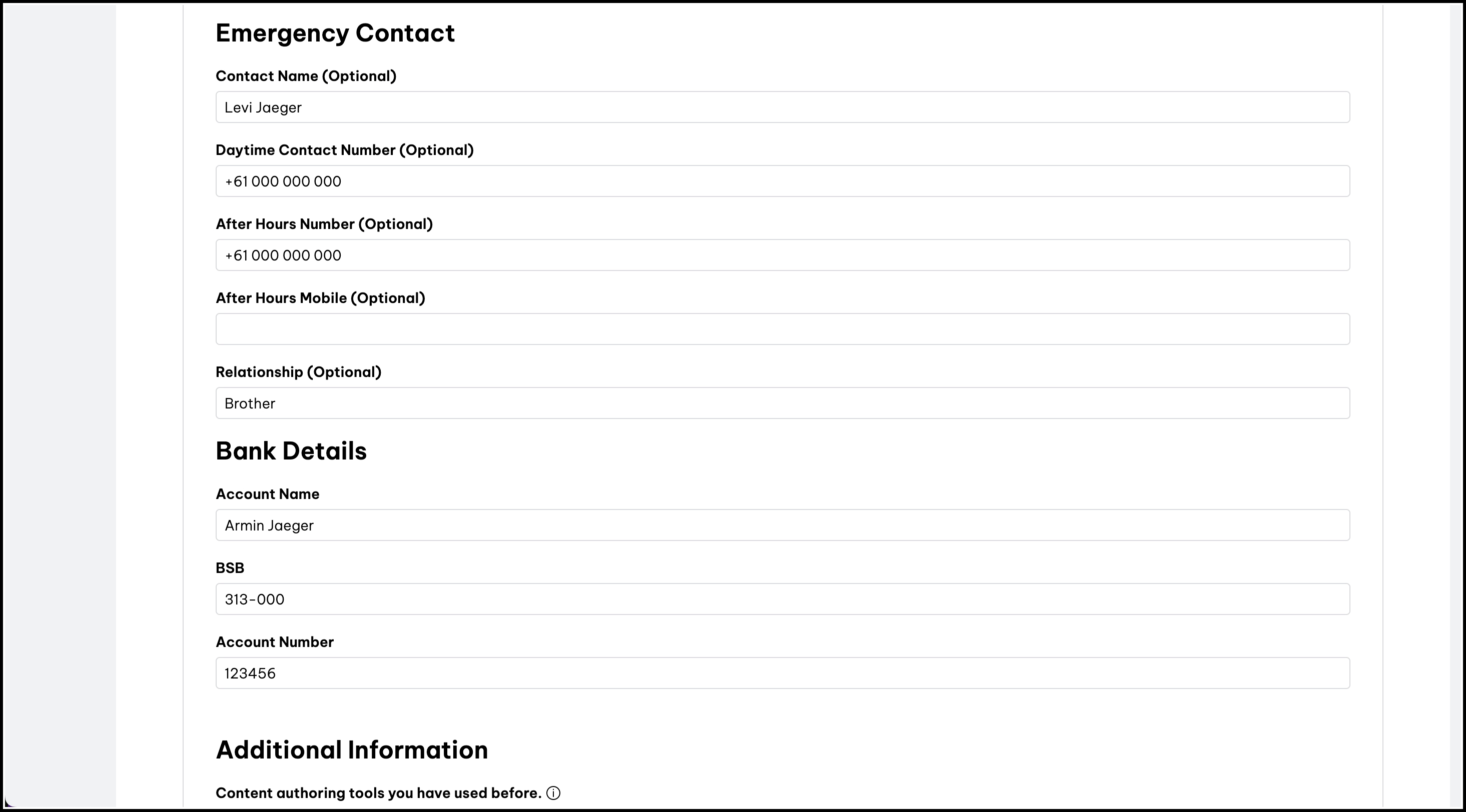 screenshot of the emergency contact and bank details sections