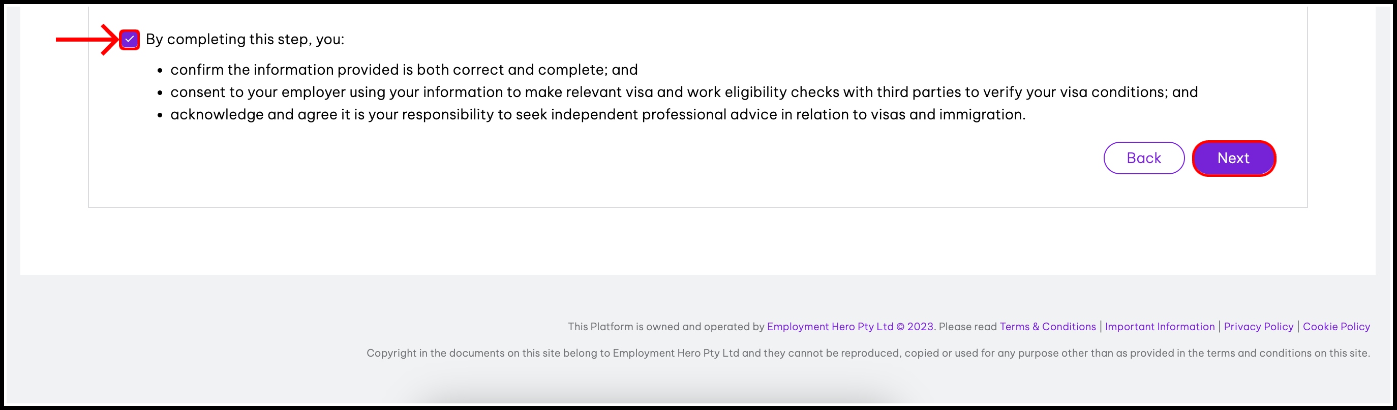 screenshot of the acknowledgement section of the work eligibility page, highlighting the next button