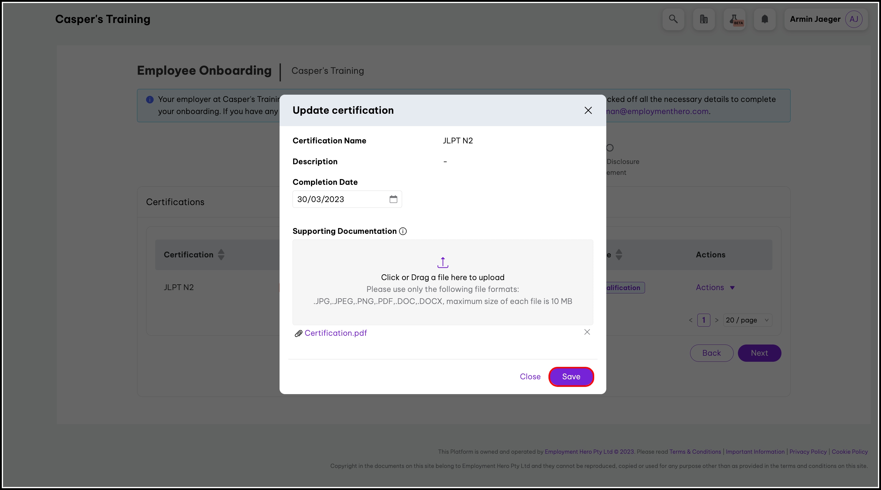 screenshot of the modal where you can update your certification, highlighting the save button