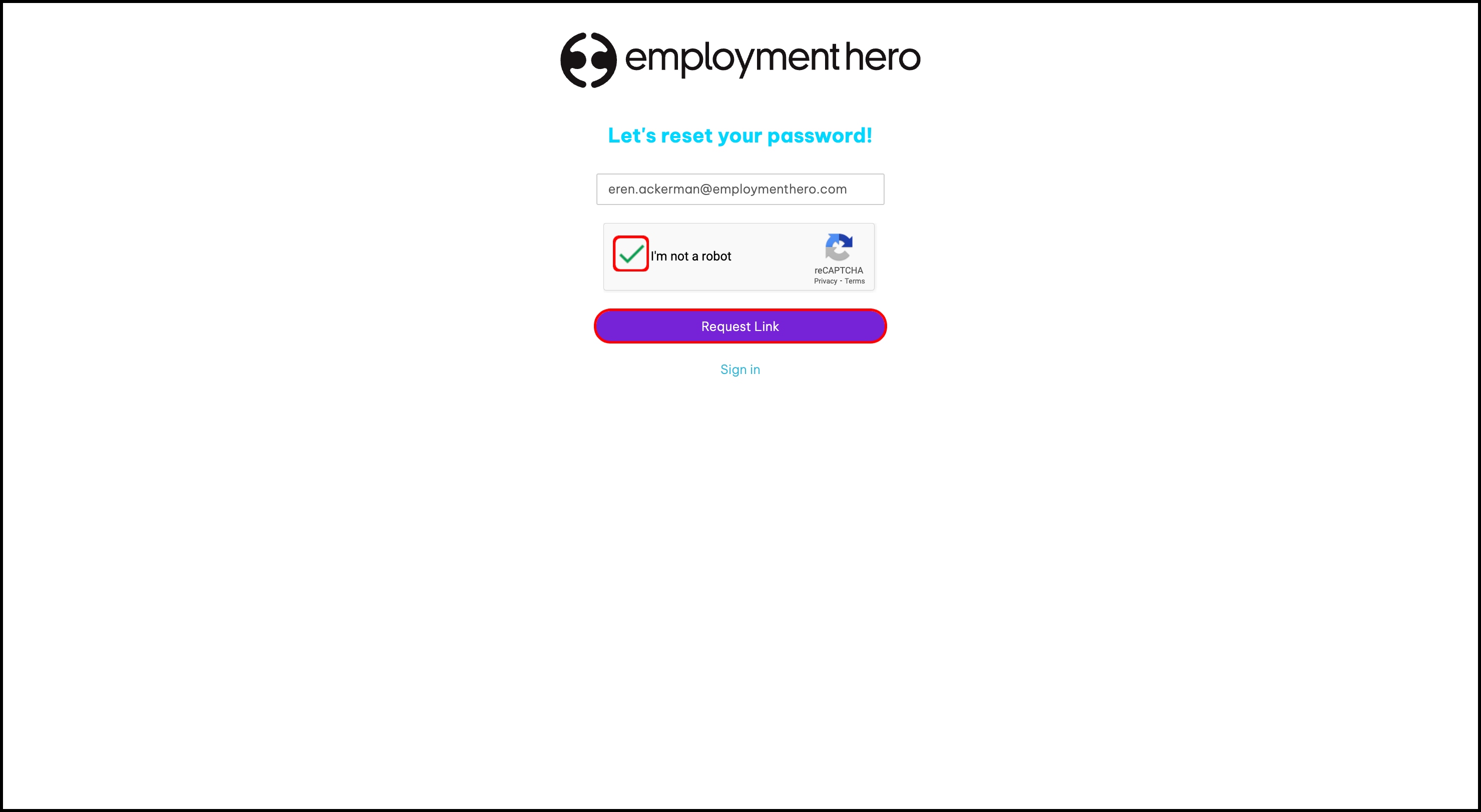 screenshot of the password reset screen, highlighting the not a robot checkbox and request link button