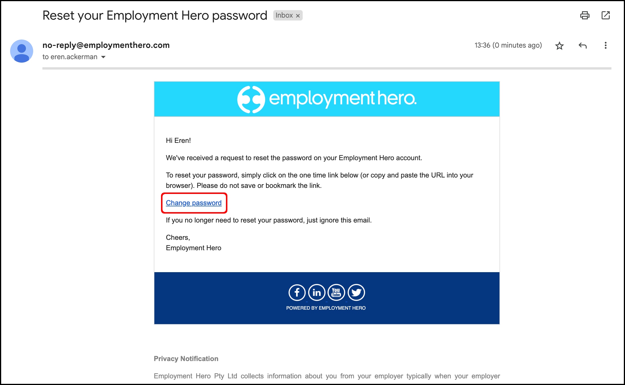 screenshot of the password reset email, highlighting the change password link