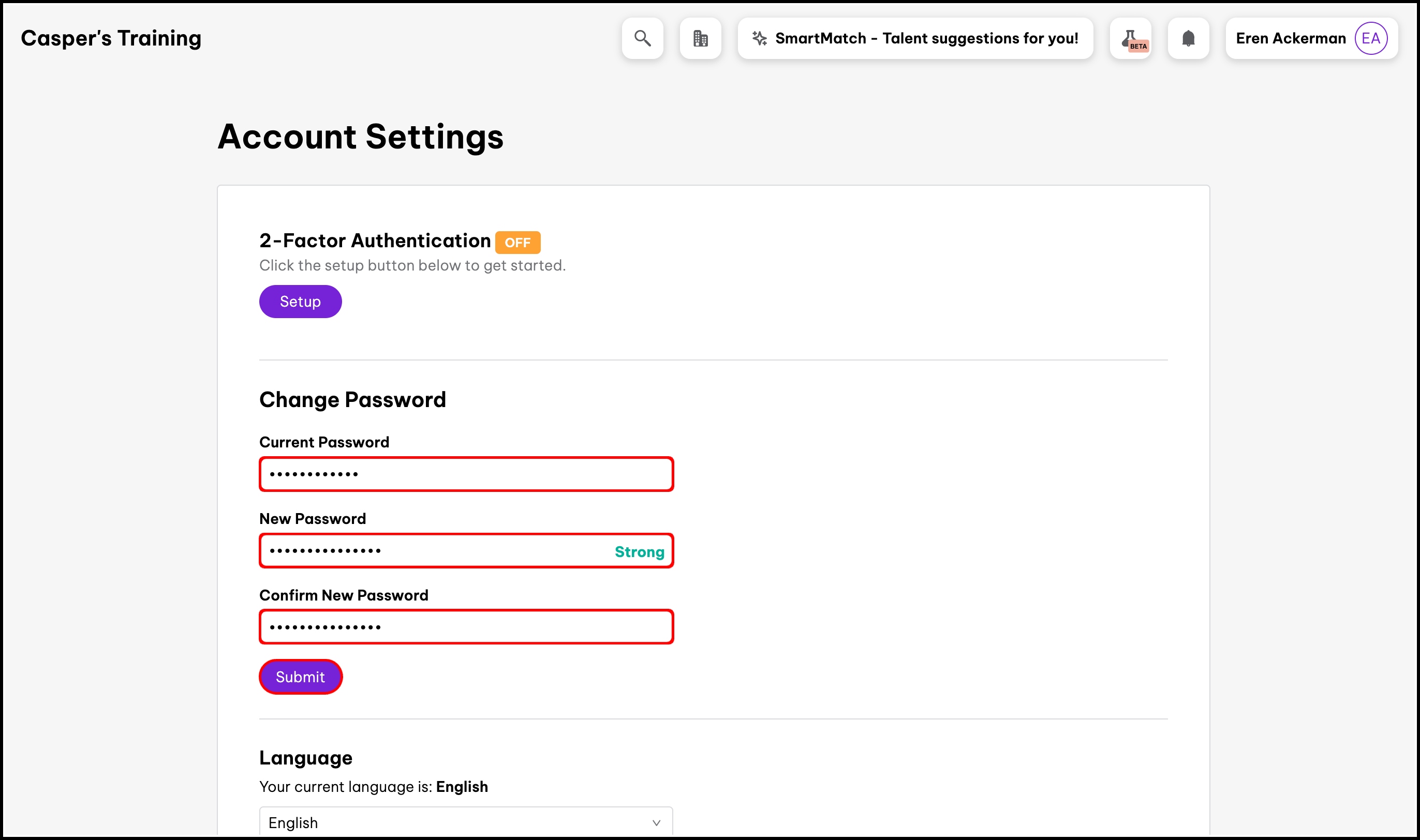 screenshot of the account settings page, highlighting the password fields and the submit button